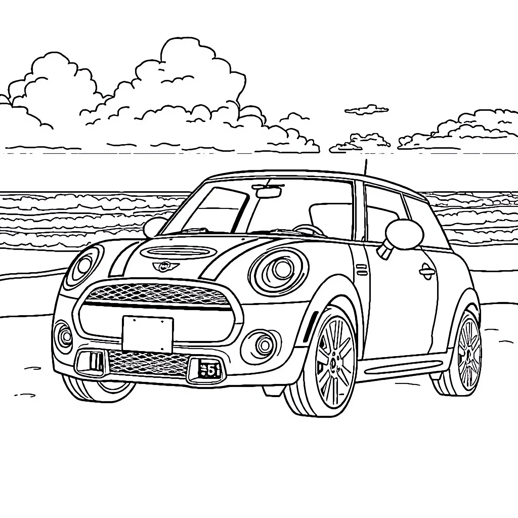 Mini Cooper on the beach Coloring Page (free black-and-white line drawing printable PDF for all, from beginners to advanced learners, including children, teens, adults, and seniors)