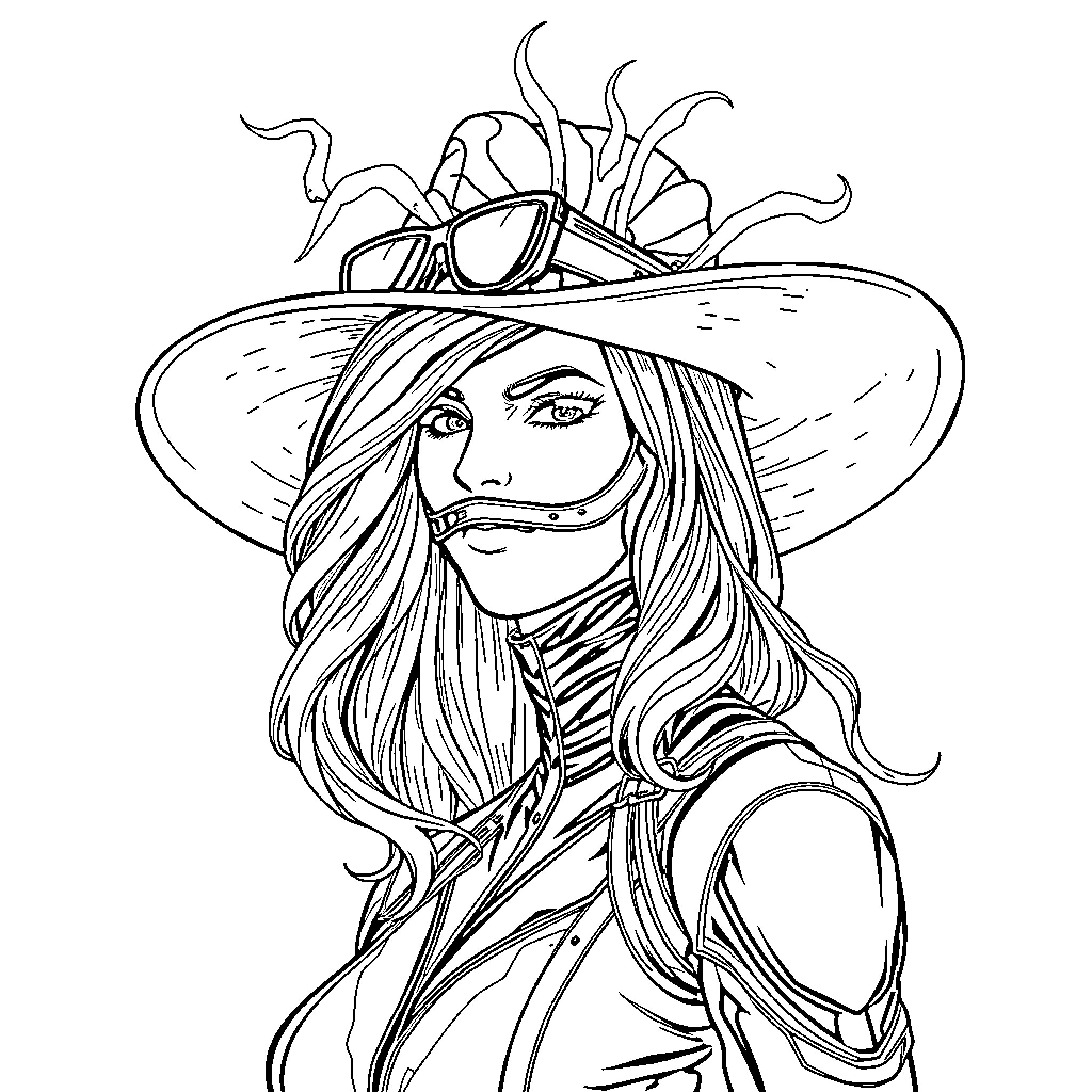Black Widow Heroine in Ornate Costume and Headpiece Coloring Page (free black-and-white line drawing printable PDF for all, from beginners to advanced learners, including children, teens, adults, and seniors)