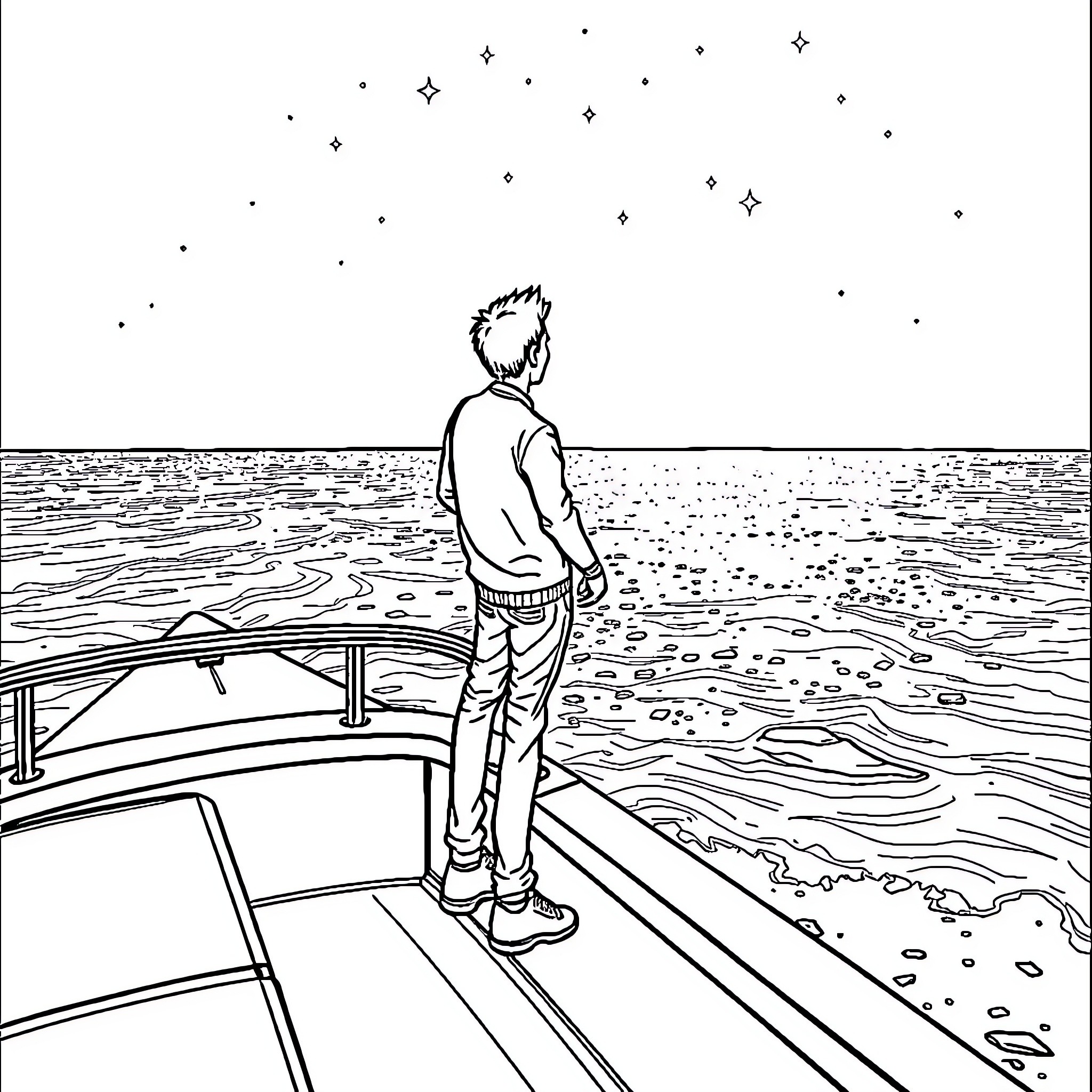 Michael gazing at the starry night sky from a boat Coloring Page (free black-and-white line drawing printable PDF for all, from beginners to advanced learners, including children, teens, adults, and seniors)