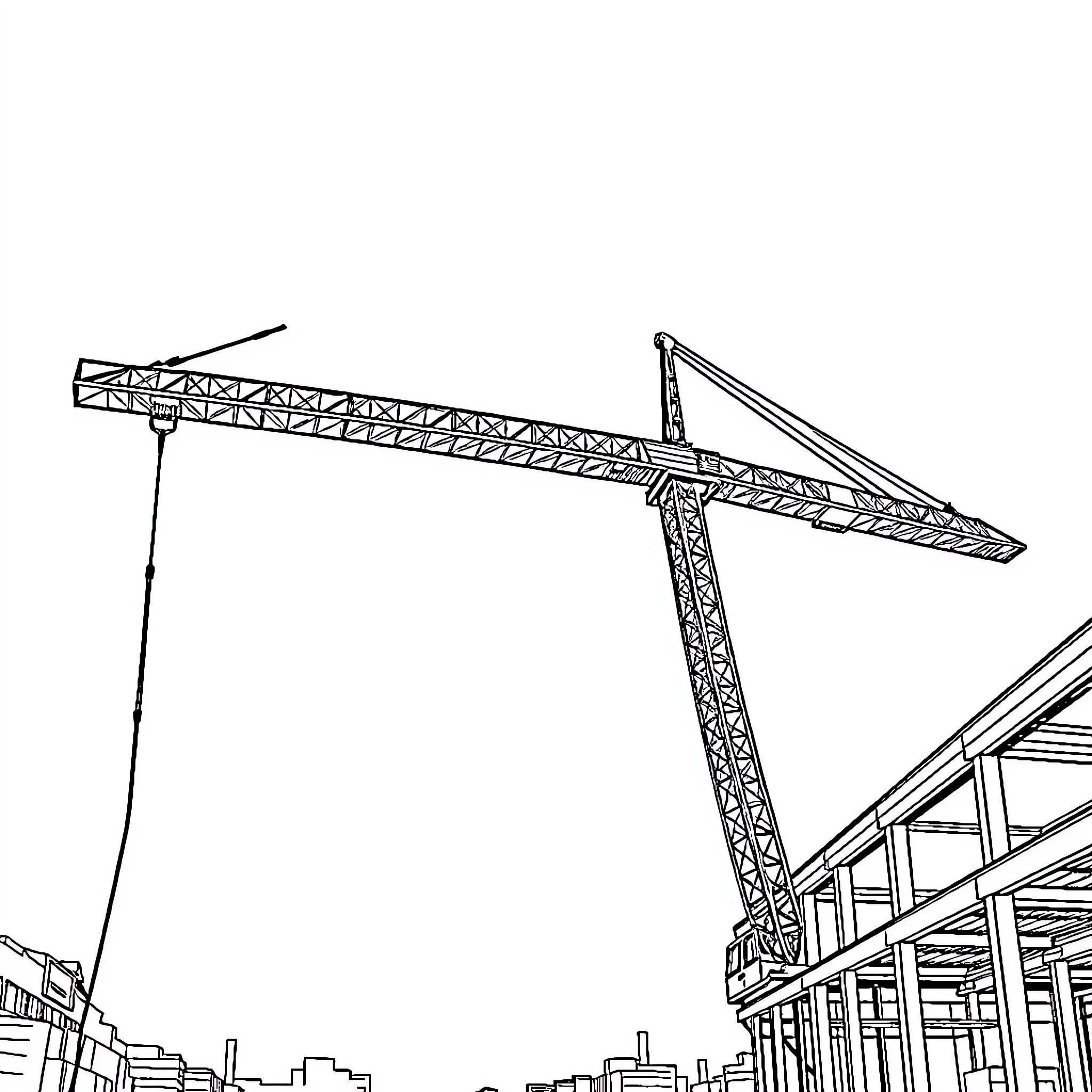 Crane lifting construction materials on a building site Coloring Page (free black-and-white line drawing printable PDF for all, from beginners to advanced learners, including children, teens, adults, and seniors)