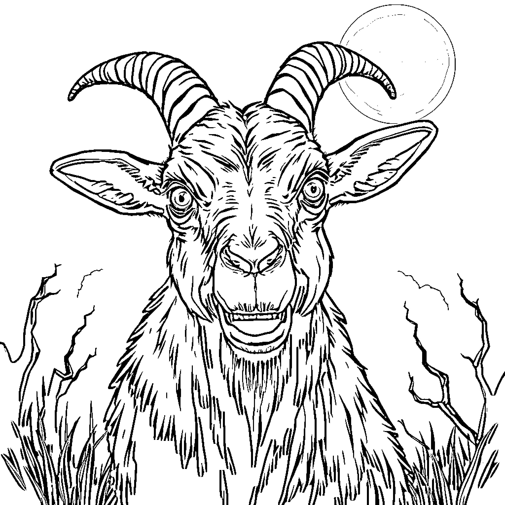 Monster goat with spiraled horns in a spooky forest Coloring Page (free black-and-white line drawing printable PDF for all, from beginners to advanced learners, including children, teens, adults, and seniors)