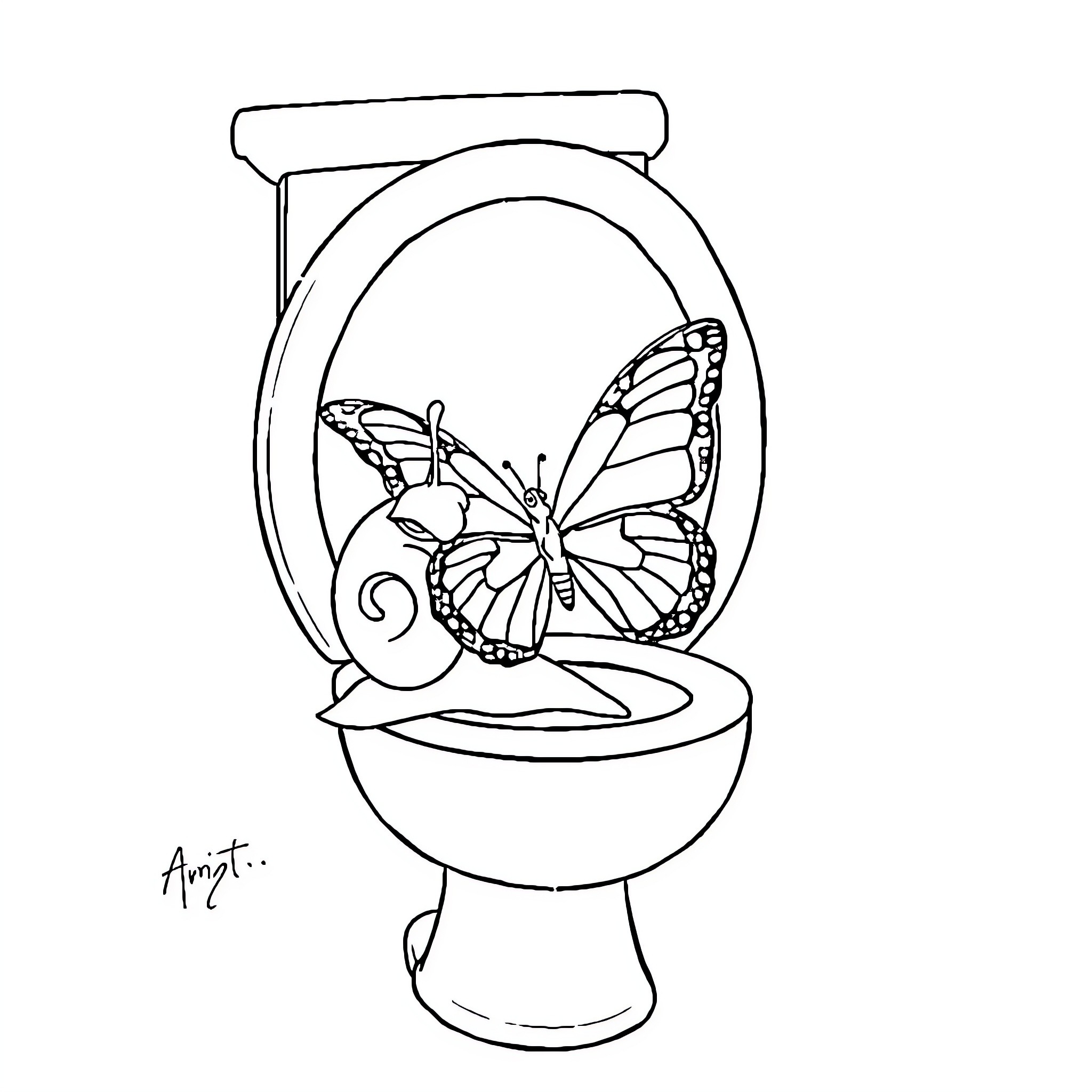 Snail exploring a whimsical butterfly-themed bathroom Coloring Page (free black-and-white line drawing printable PDF for all, from beginners to advanced learners, including children, teens, adults, and seniors)