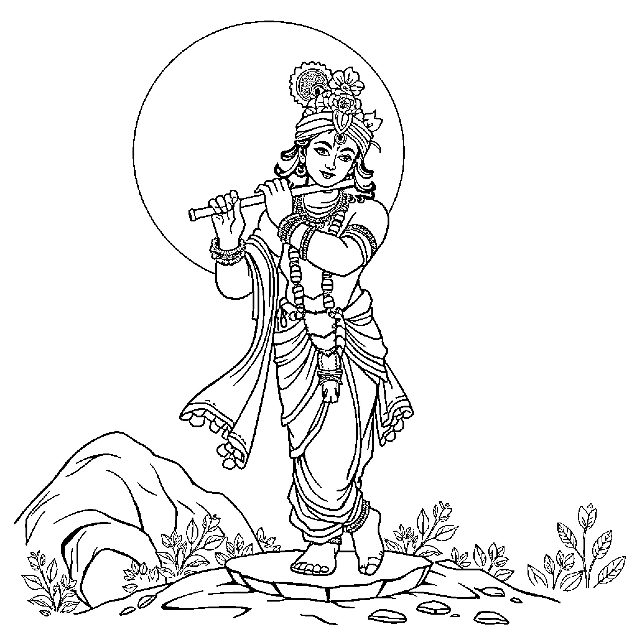 Krishna playing his flute in a natural setting Coloring Page (free black-and-white line drawing printable PDF for all, from beginners to advanced learners, including children, teens, adults, and seniors)