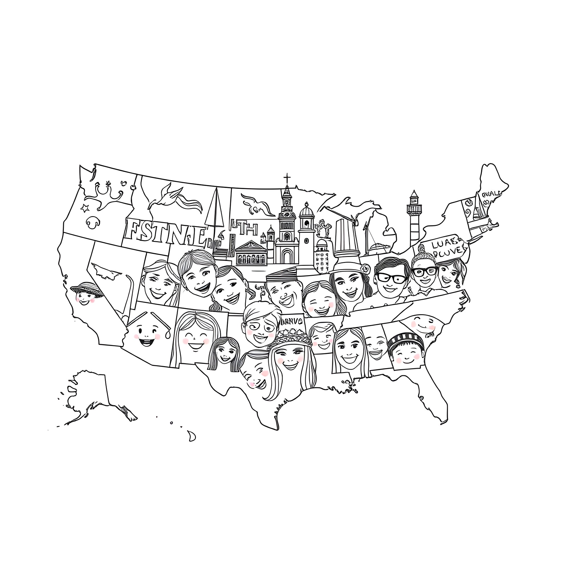 Map of diverse people and landmarks across the United States Coloring Page (free black-and-white line drawing printable PDF for all, from beginners to advanced learners, including children, teens, adults, and seniors)