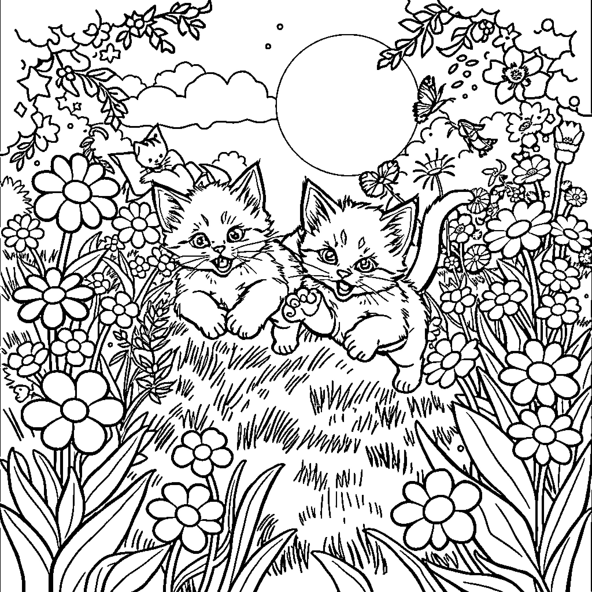 Kitten Playful Duo in Floral Fantasy Coloring Page (free black-and-white line drawing printable PDF for all, from beginners to advanced learners, including children, teens, adults, and seniors)