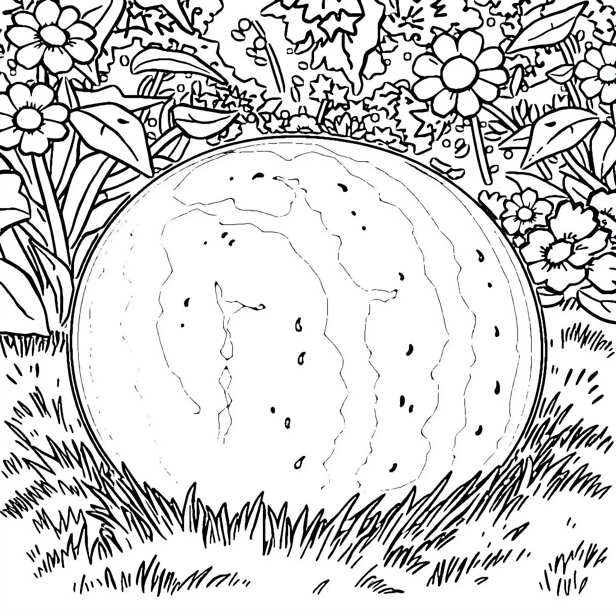 Watermelon in a floral garden Coloring Page (free black-and-white line drawing printable PDF for all, from beginners to advanced learners, including children, teens, adults, and seniors)