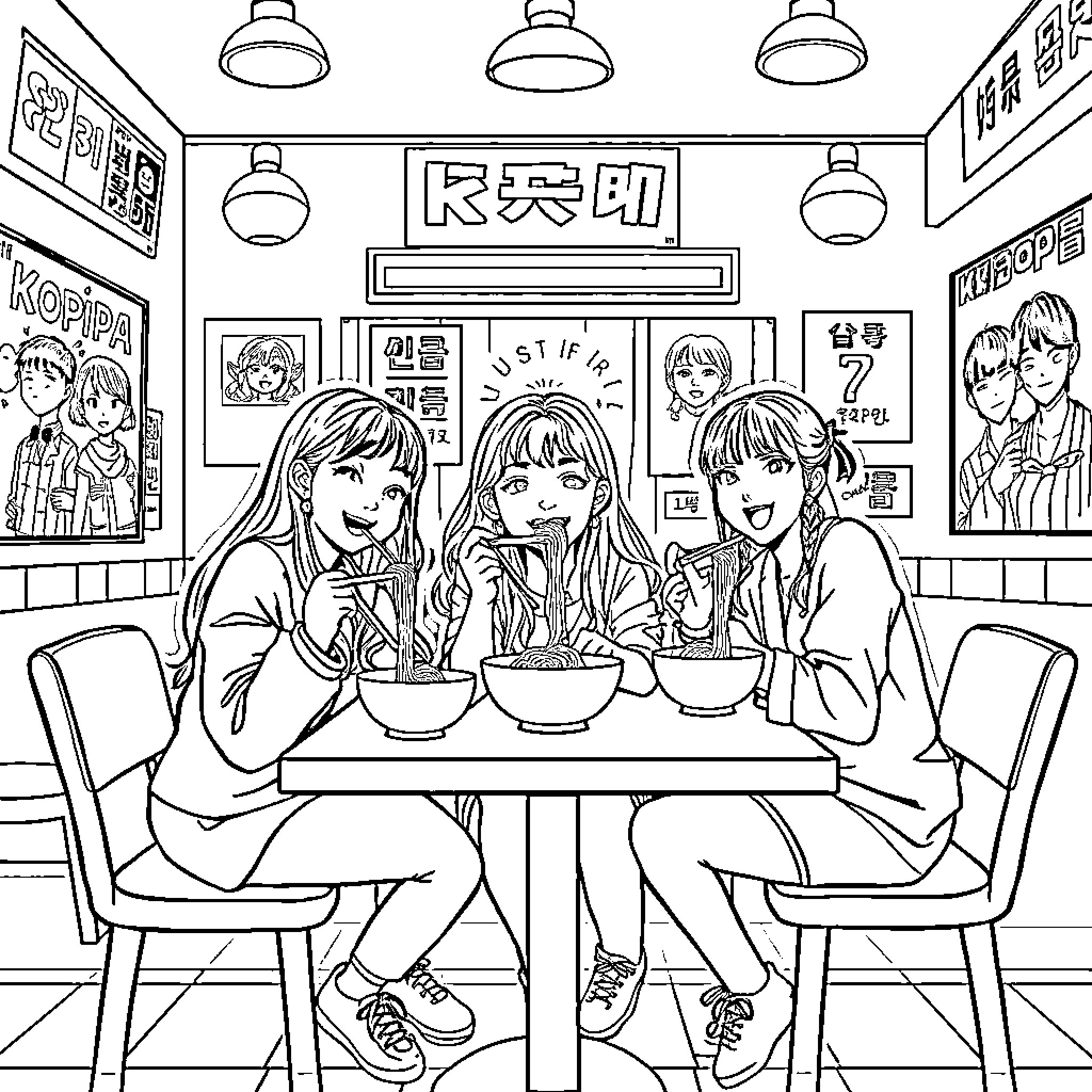 Kpop Friends Enjoying a Meal Together Coloring Page (free black-and-white line drawing printable PDF for all, from beginners to advanced learners, including children, teens, adults, and seniors)
