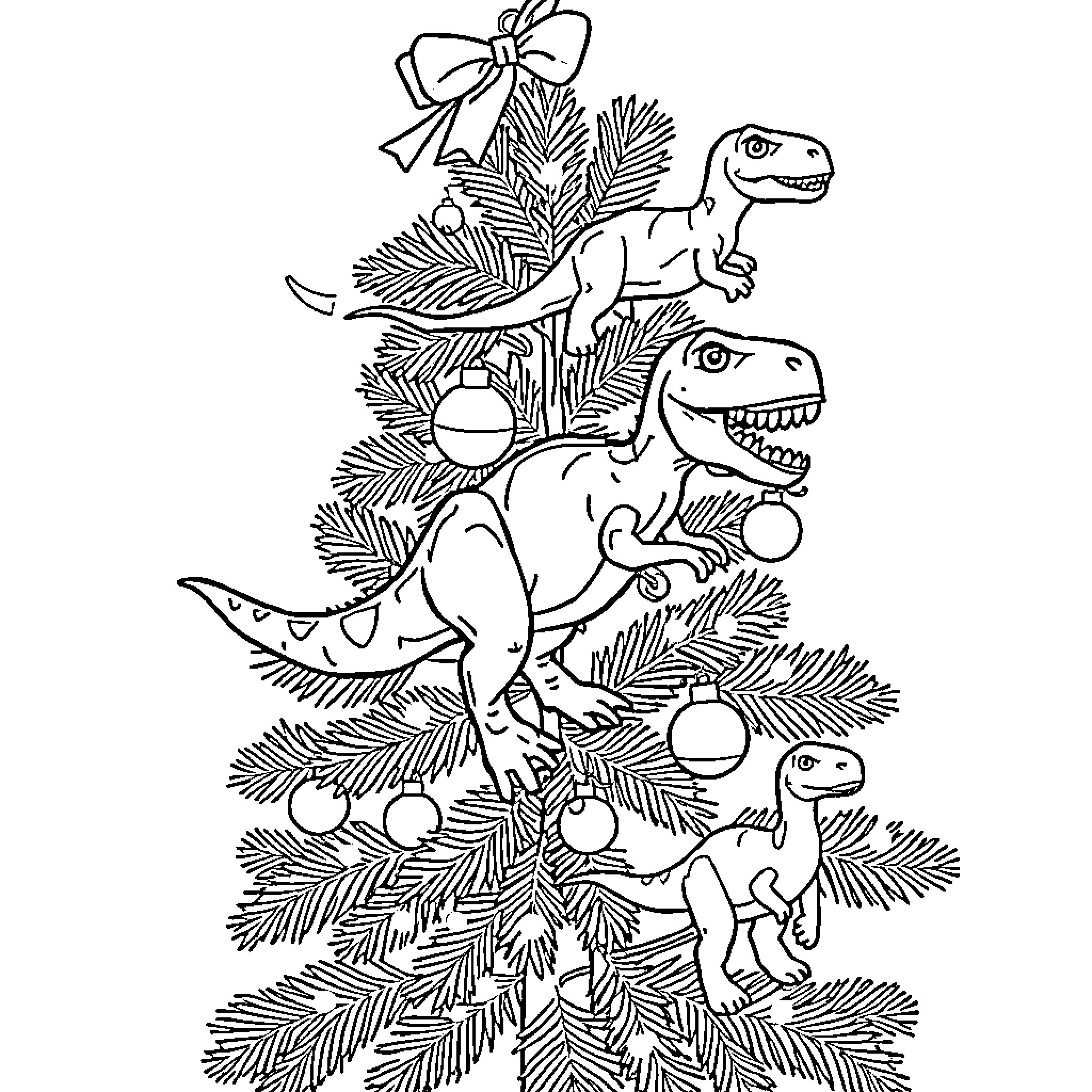T-Rex Dinosaurs Decorating Christmas Tree Coloring Page (free black-and-white line drawing printable PDF for all, from beginners to advanced learners, including children, teens, adults, and seniors)