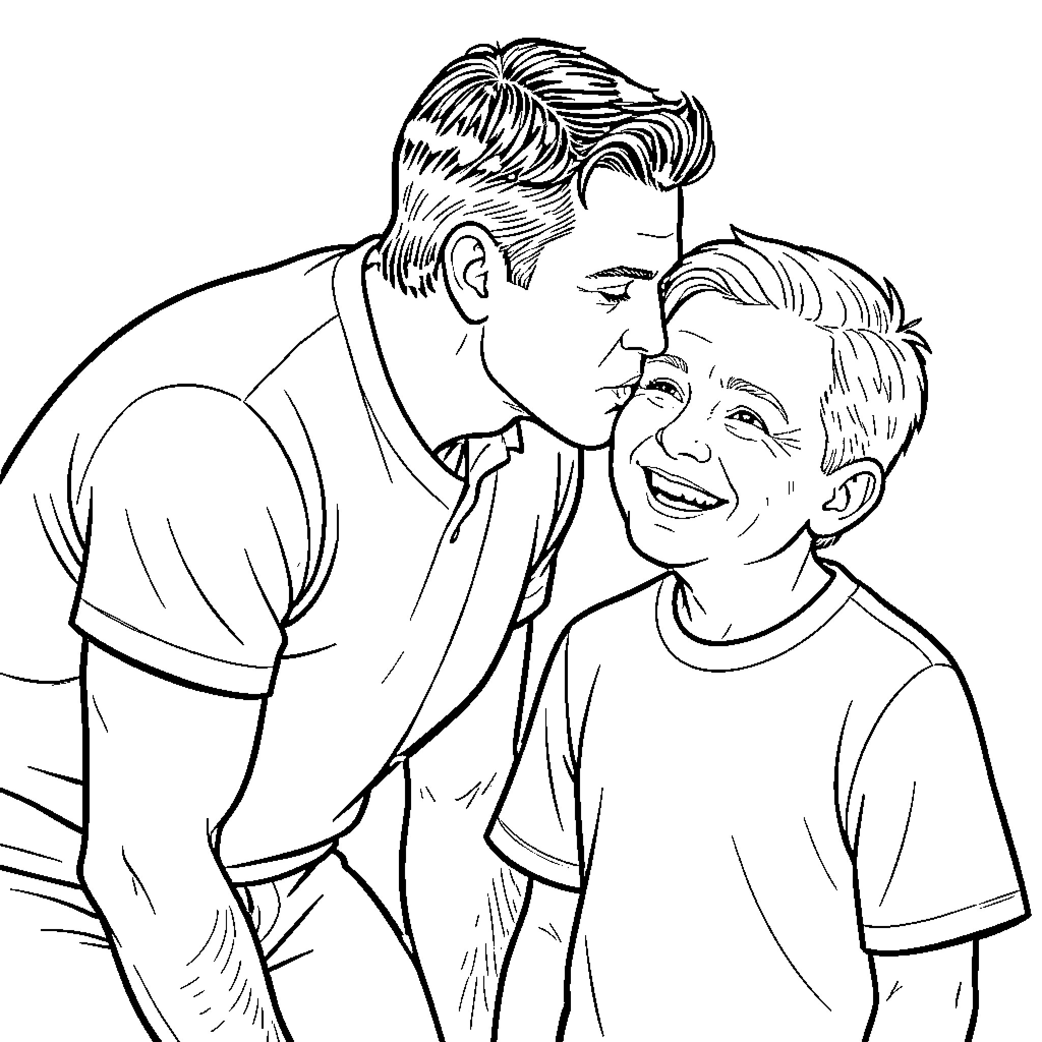 Tom Brady enjoying a lighthearted moment with a young fan Coloring Page (free black-and-white line drawing printable PDF for all, from beginners to advanced learners, including children, teens, adults, and seniors)
