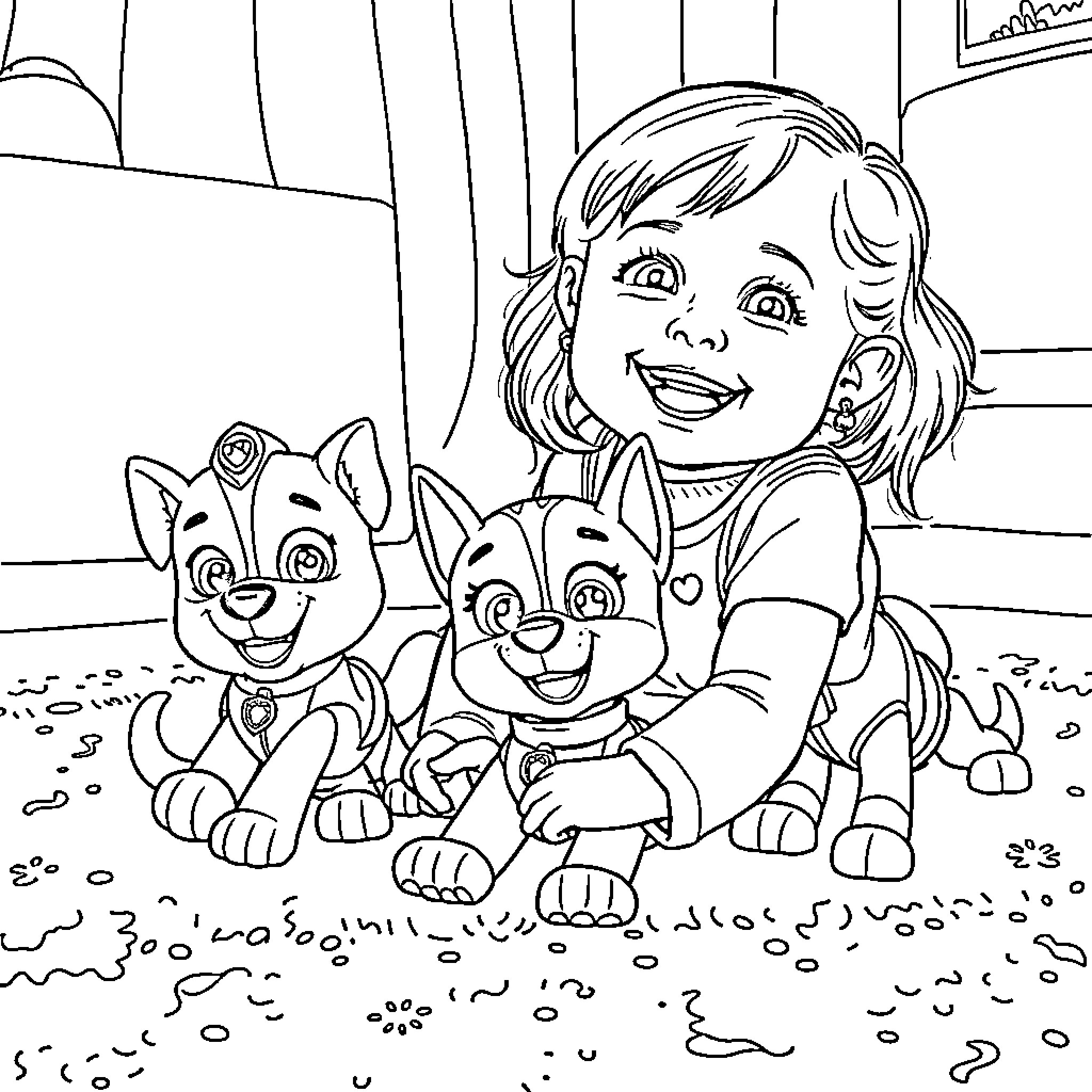 Girl plays happily with puppies Coloring Page (free black-and-white line drawing printable PDF for all, from beginners to advanced learners, including children, teens, adults, and seniors)