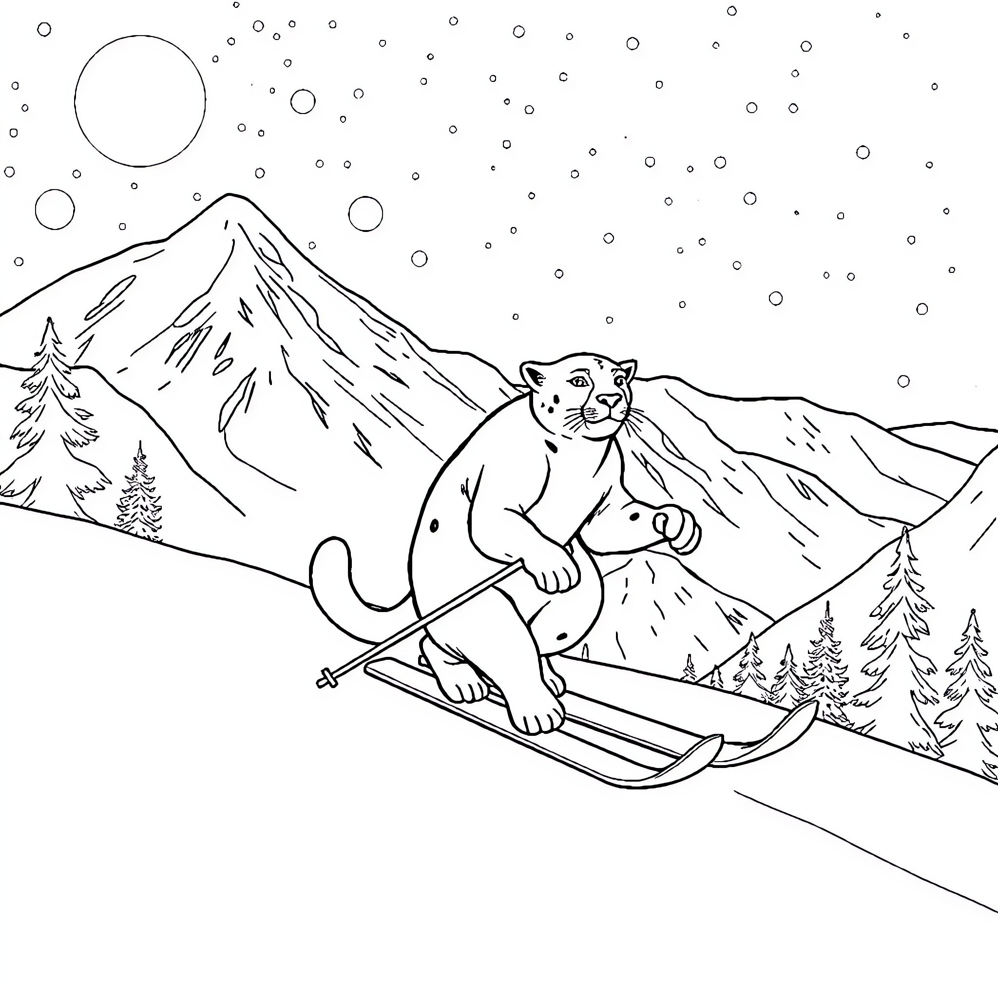 Snow Leopard Skiing Down Snowy Mountain Coloring Page (free black-and-white line drawing printable PDF for all, from beginners to advanced learners, including children, teens, adults, and seniors)