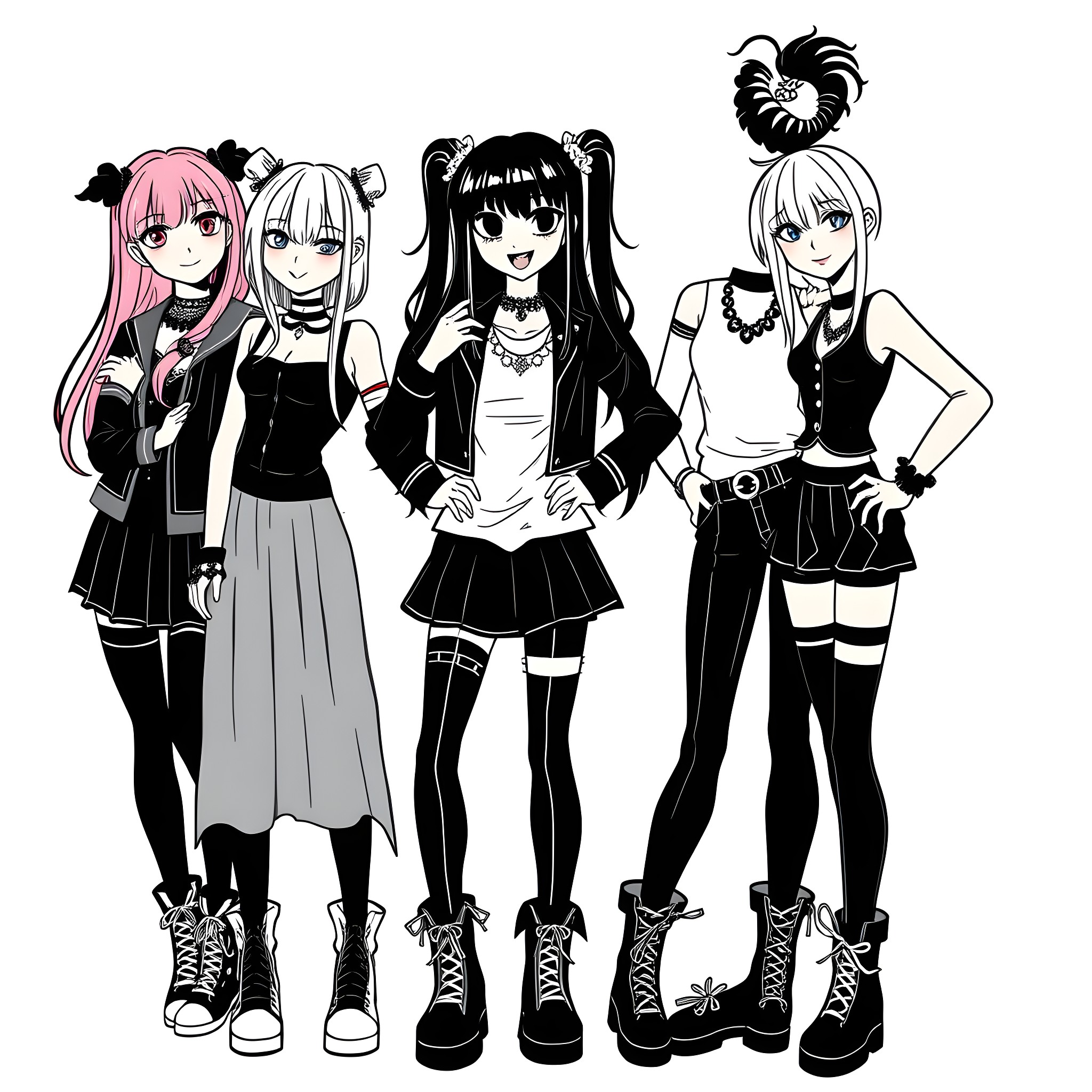 Spice Girl Fashionistas Striking Poses Coloring Page (free black-and-white line drawing printable PDF for all, from beginners to advanced learners, including children, teens, adults, and seniors)