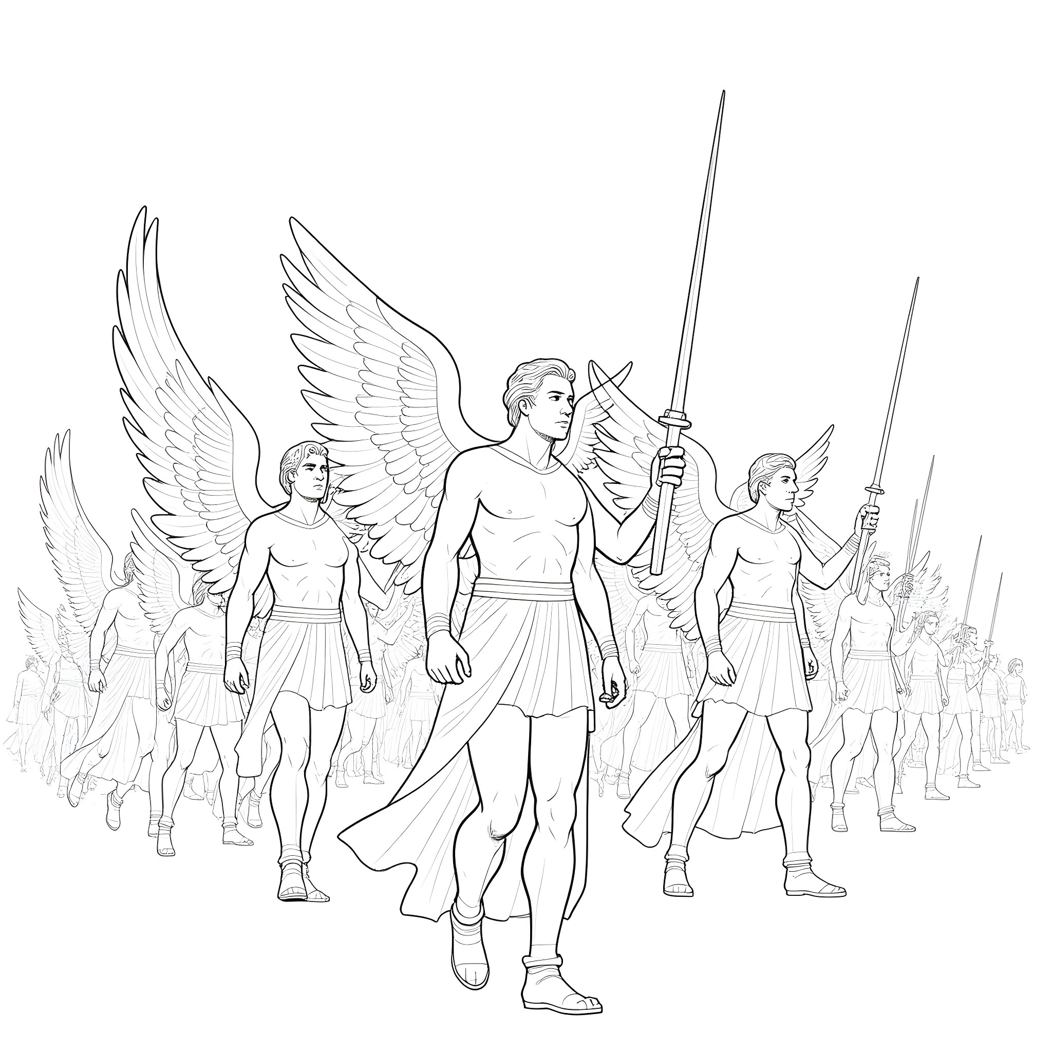 Angel Warriors Leading a Heroic March Coloring Page (free black-and-white line drawing printable PDF for all, from beginners to advanced learners, including children, teens, adults, and seniors)