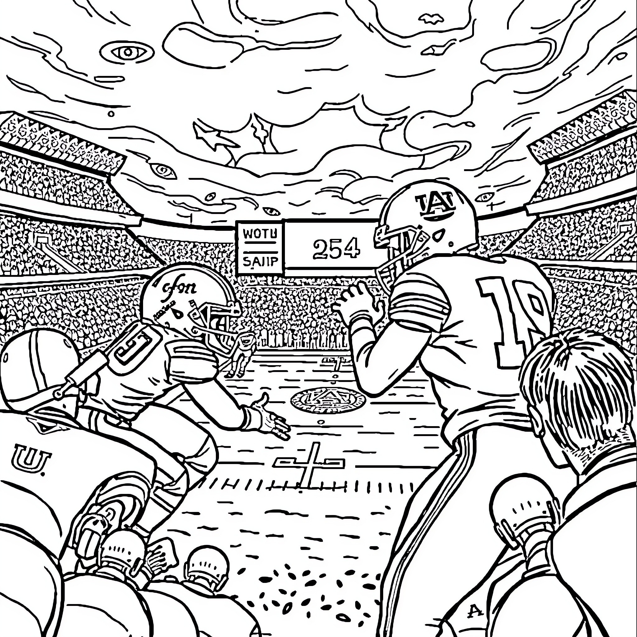 Iron Bowl: Intense Football Game Amid Dramatic Skies Coloring Page (free black-and-white line drawing printable PDF for all, from beginners to advanced learners, including children, teens, adults, and seniors)