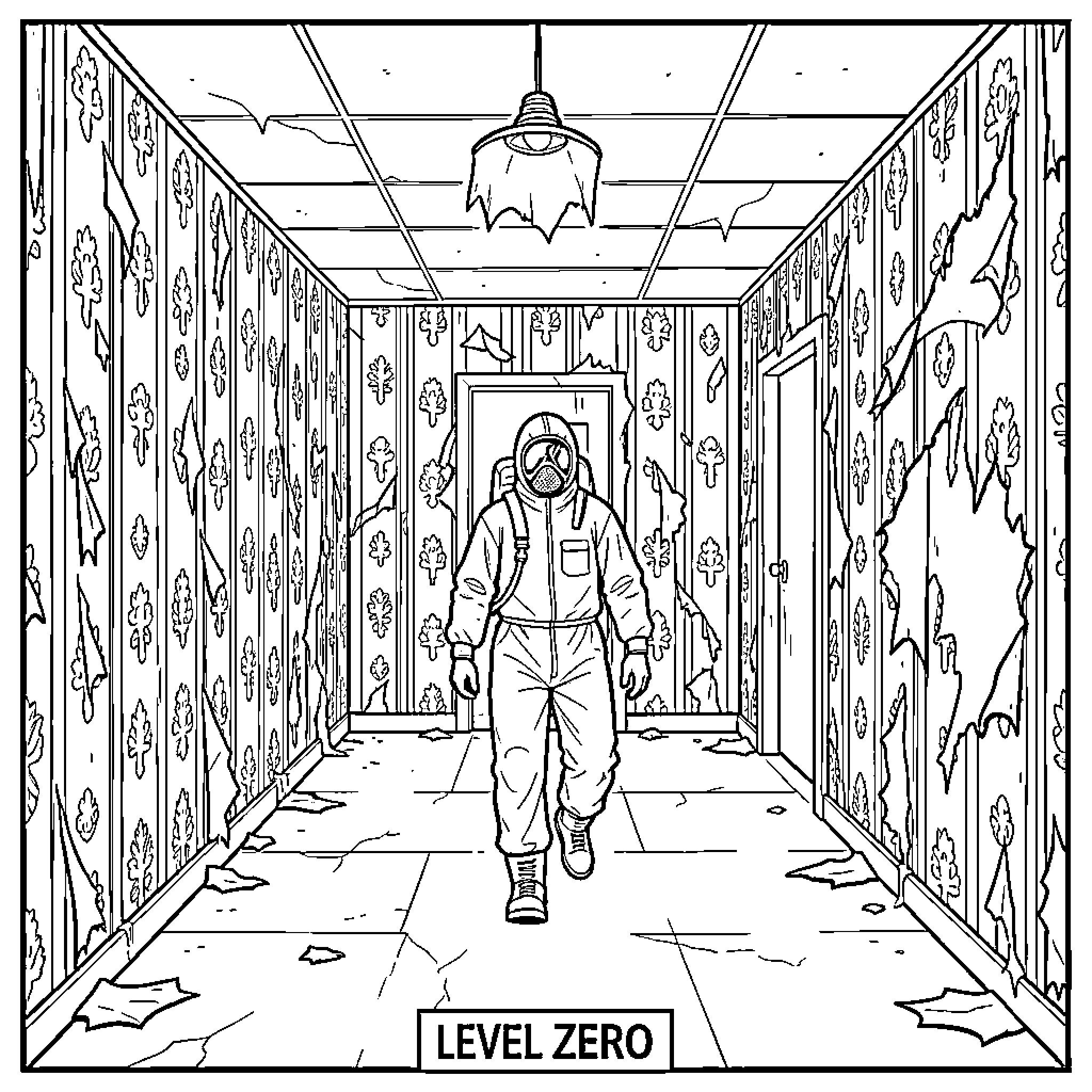 Backroom Worker Navigating Mysterious Corridor Coloring Page (free black-and-white line drawing printable PDF for all, from beginners to advanced learners, including children, teens, adults, and seniors)