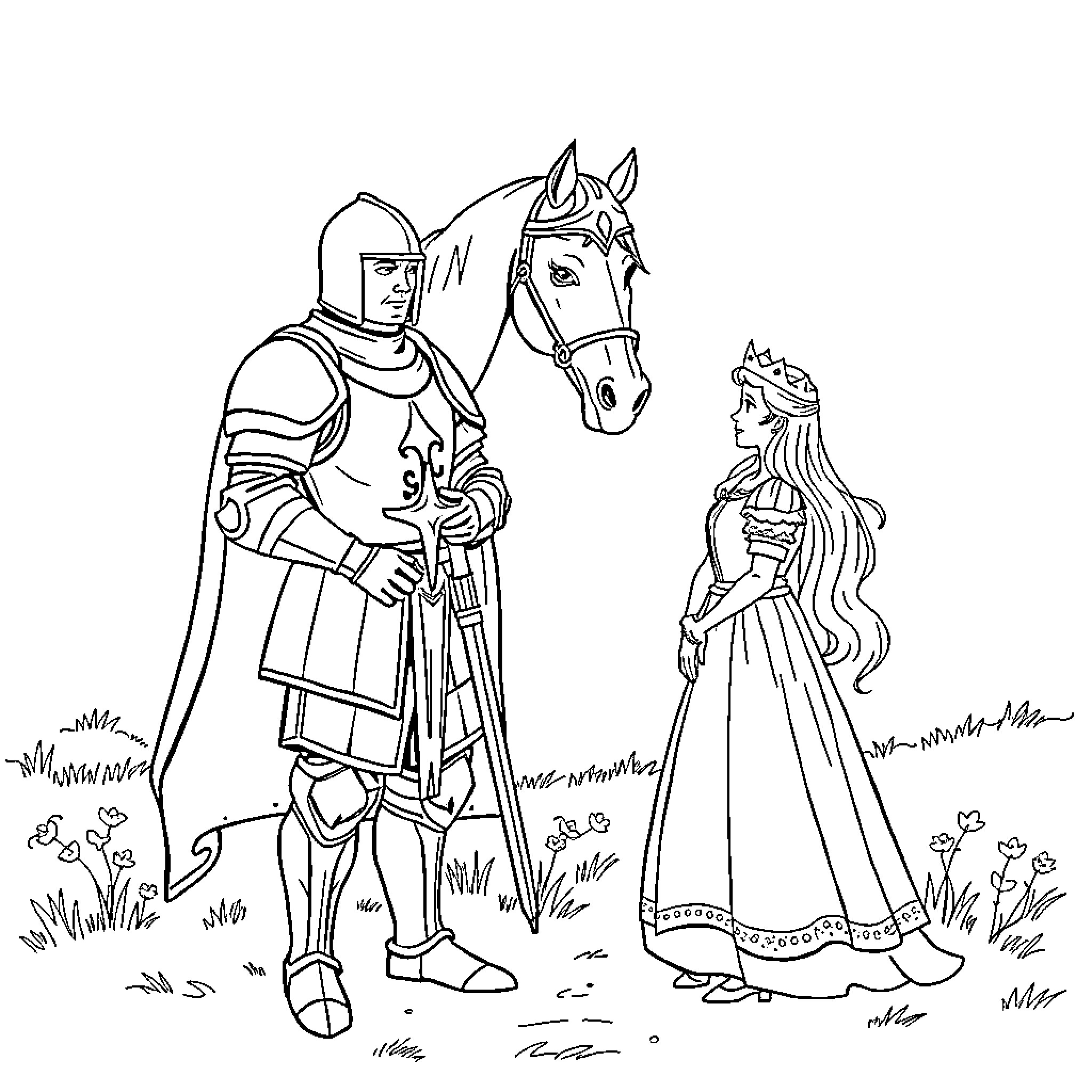 Knight bidding farewell to the fair maiden Coloring Page (free black-and-white line drawing printable PDF for all, from beginners to advanced learners, including children, teens, adults, and seniors)