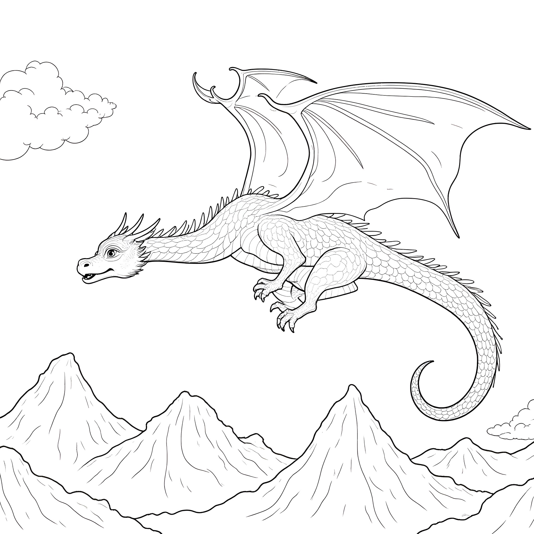 Dragon flying over a mountain landscape Coloring Page (free black-and-white line drawing printable PDF for all, from beginners to advanced learners, including children, teens, adults, and seniors)