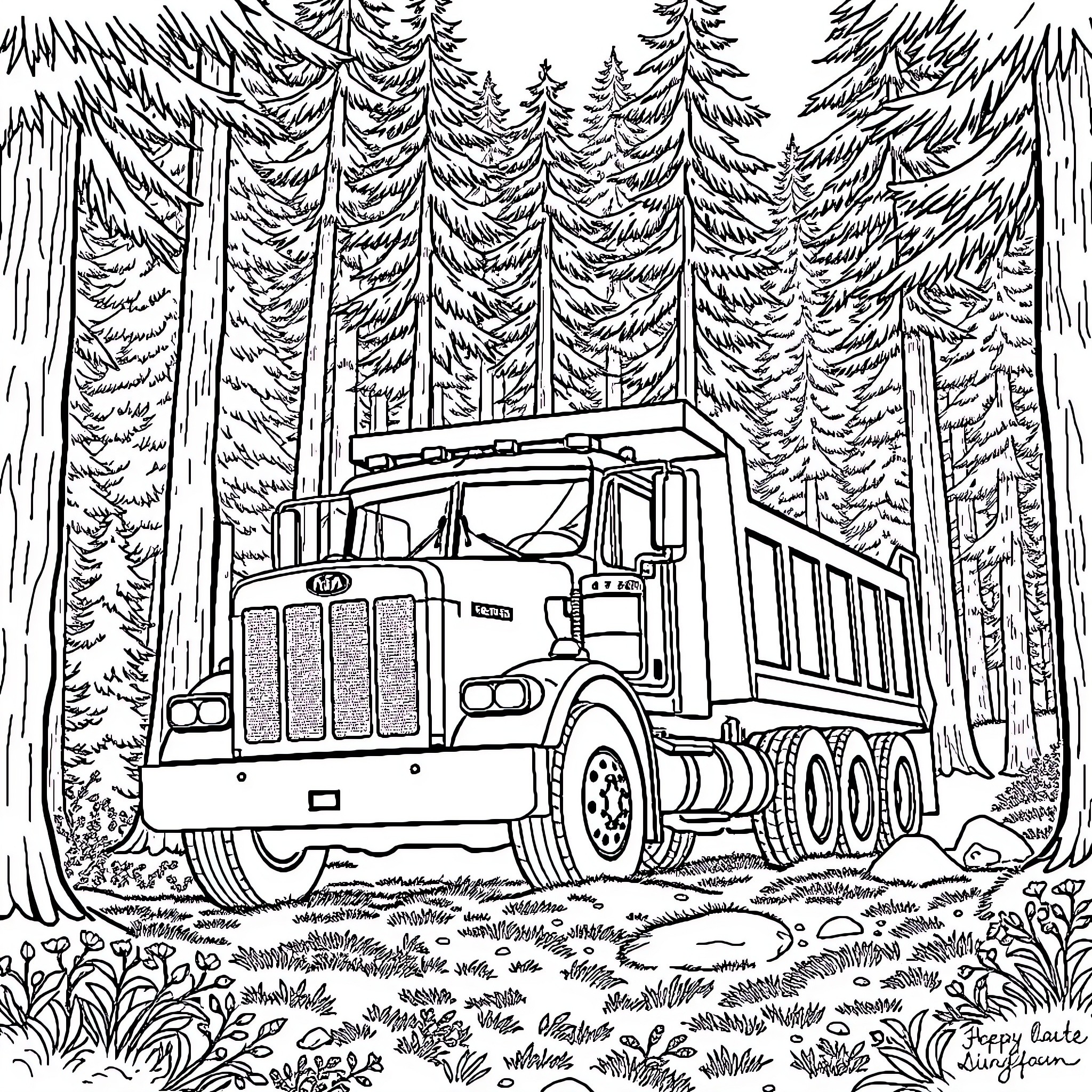 Dumptruck hauling timber through the forest Coloring Page (free black-and-white line drawing printable PDF for all, from beginners to advanced learners, including children, teens, adults, and seniors)