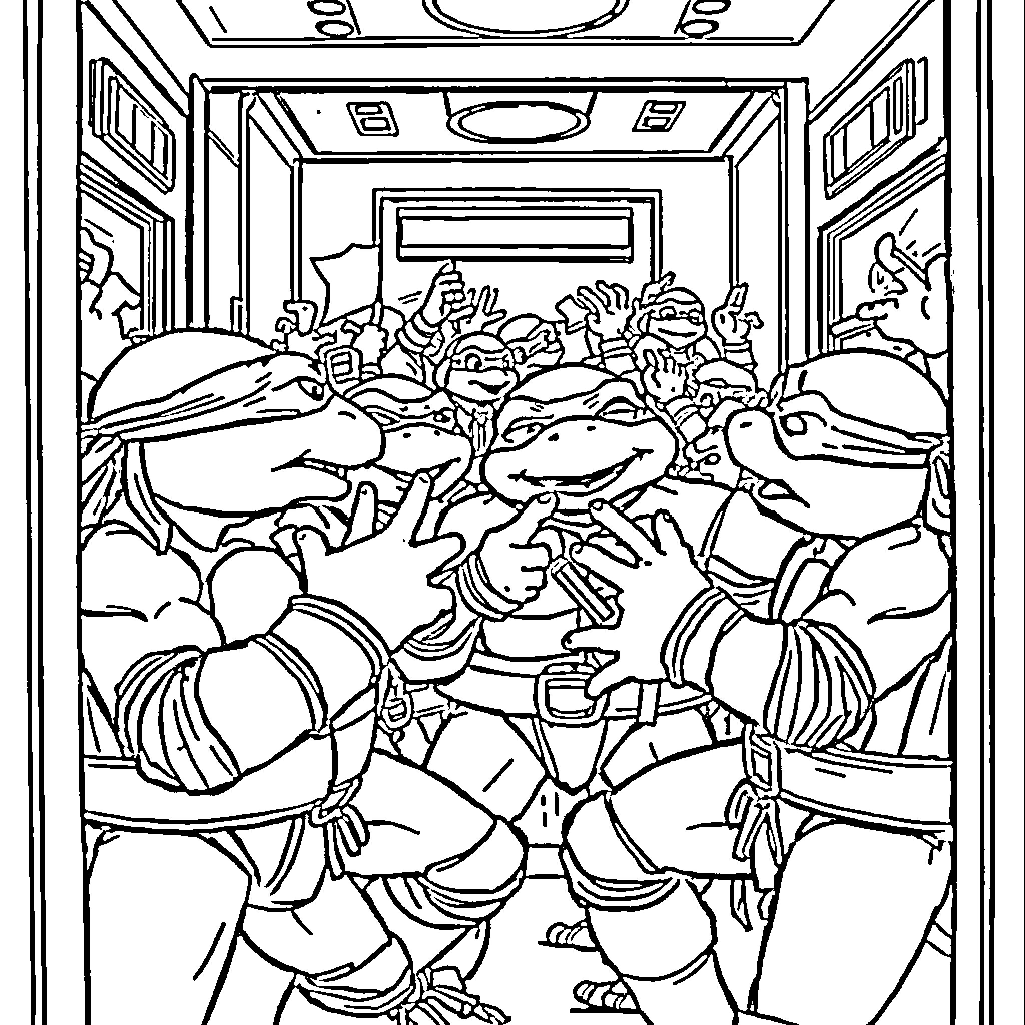 Teenage Mutant Ninja Turtles in action-packed chaos Coloring Page (free black-and-white line drawing printable PDF for all, from beginners to advanced learners, including children, teens, adults, and seniors)