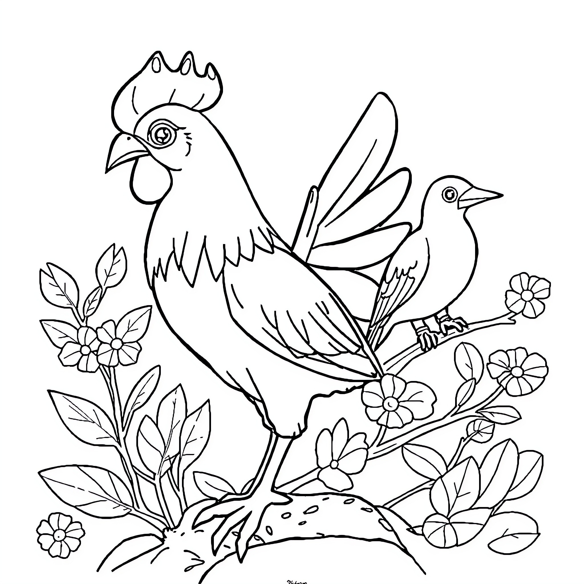 Animal enjoying nature with flowers and friends Coloring Page (free black-and-white line drawing printable PDF for all, from beginners to advanced learners, including children, teens, adults, and seniors)