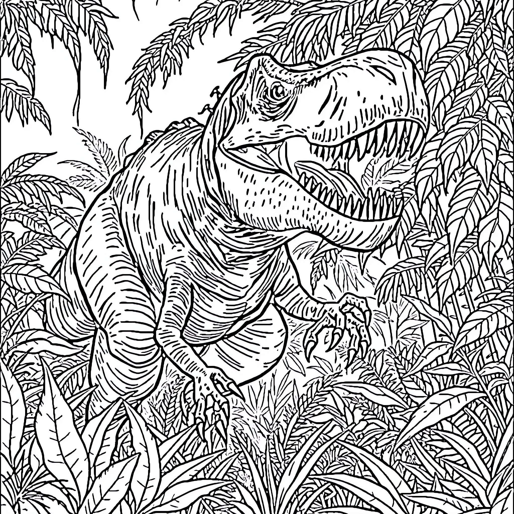 Indominus Rex Stalking Prey in Lush Jungle Coloring Page (free black-and-white line drawing printable PDF for all, from beginners to advanced learners, including children, teens, adults, and seniors)