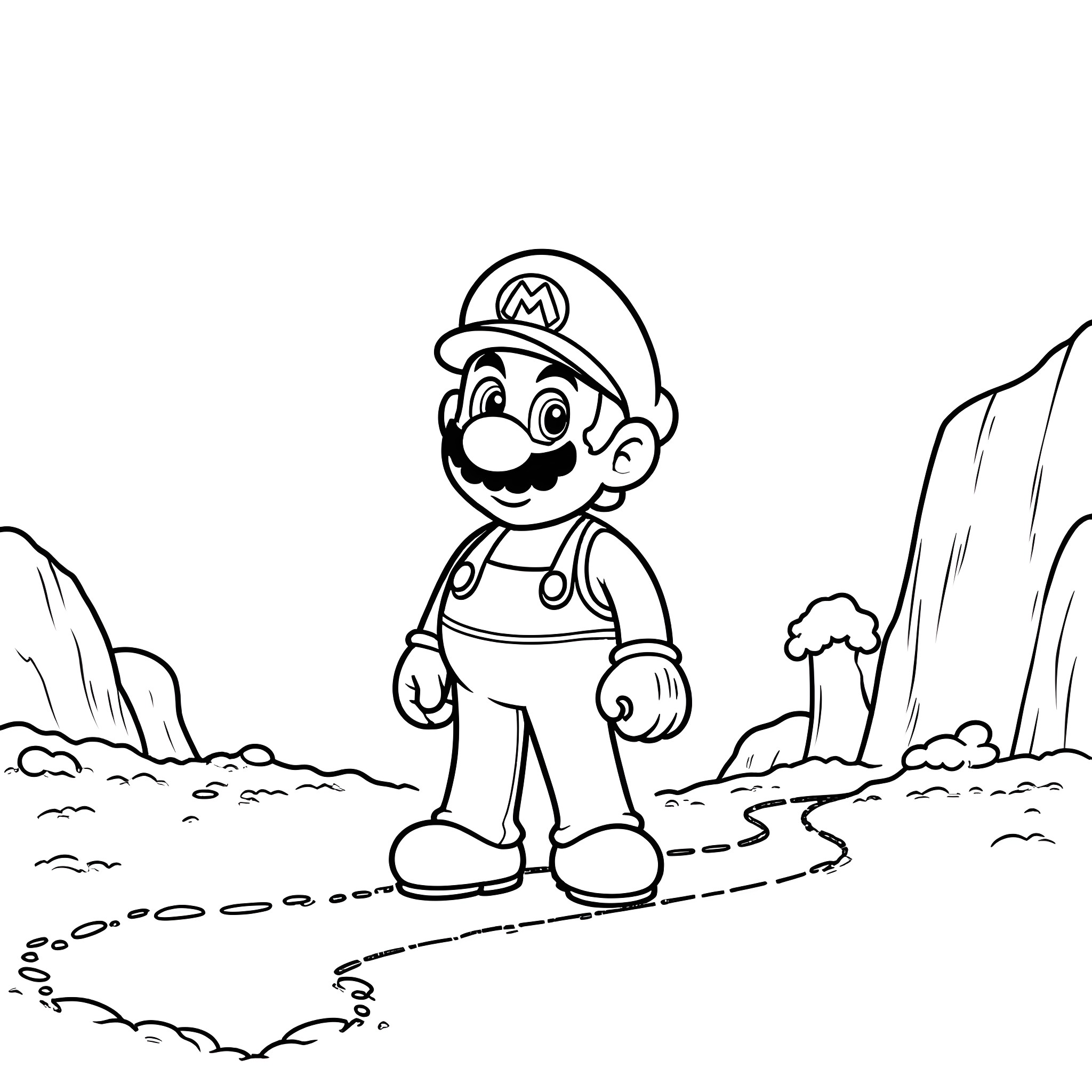 Mario exploring the wilderness Coloring Page (free black-and-white line drawing printable PDF for all, from beginners to advanced learners, including children, teens, adults, and seniors)