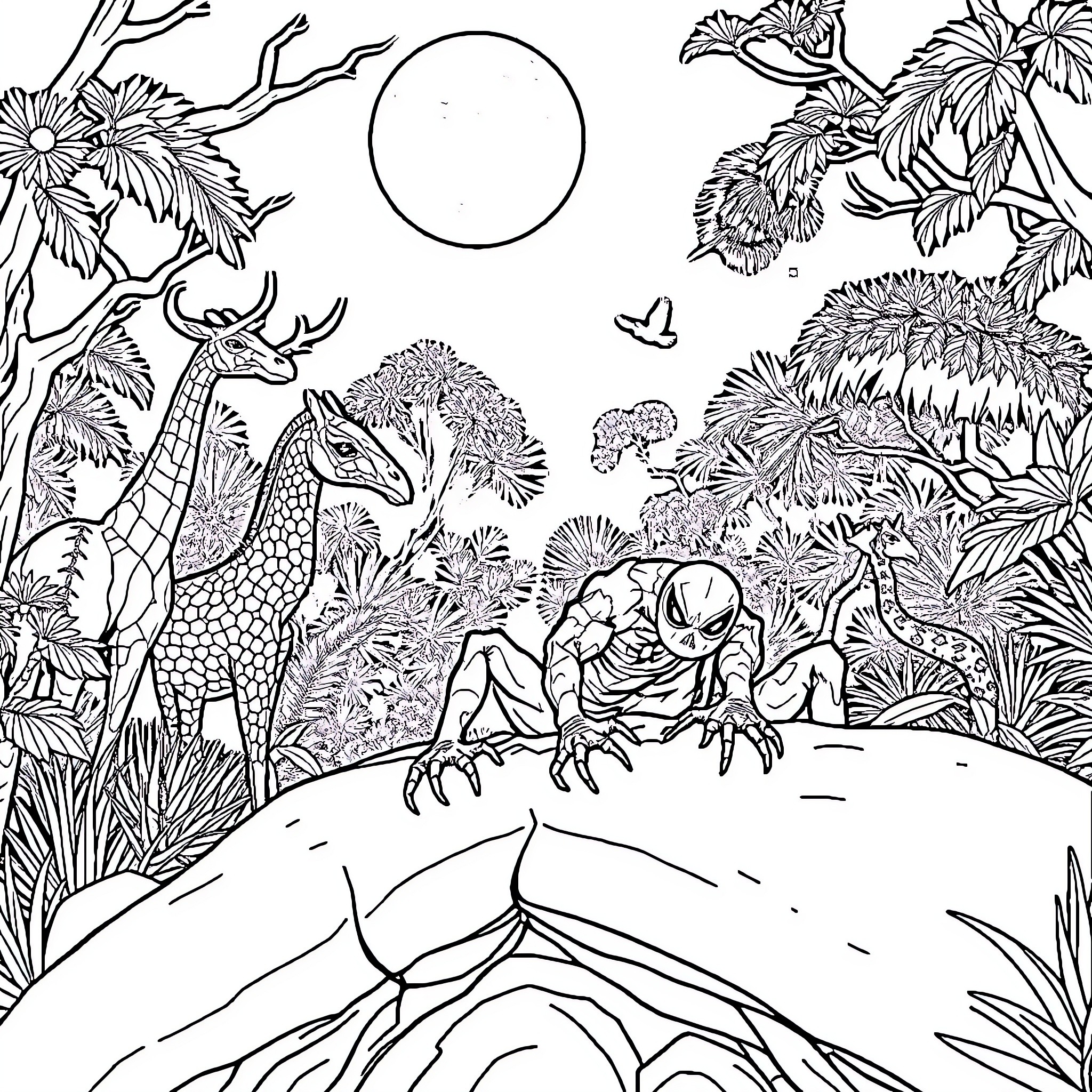 Nightcrawler in Serene Jungle Landscape Coloring Page (free black-and-white line drawing printable PDF for all, from beginners to advanced learners, including children, teens, adults, and seniors)
