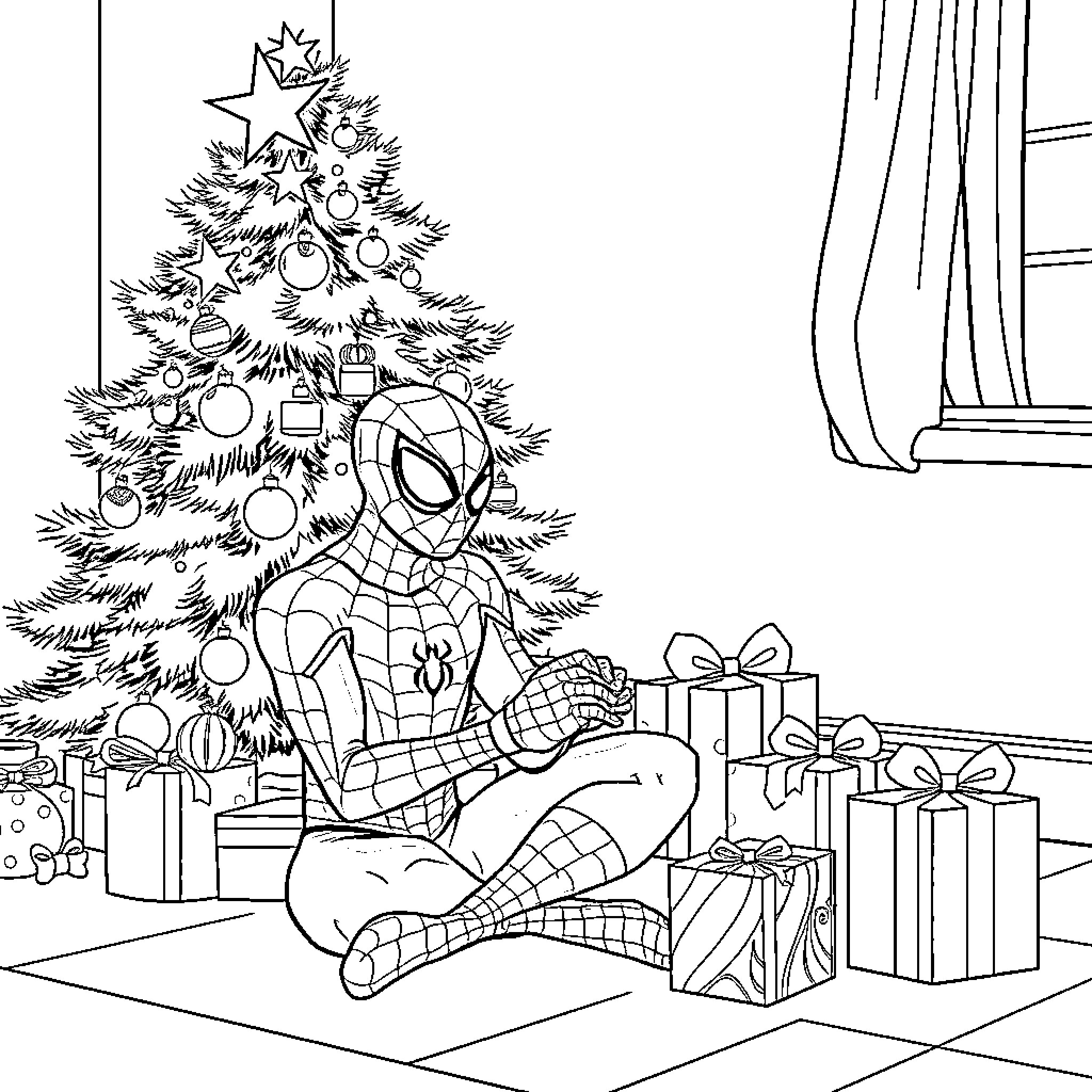 Spiderman sitting by Christmas tree with presents Coloring Page (free black-and-white line drawing printable PDF for all, from beginners to advanced learners, including children, teens, adults, and seniors)