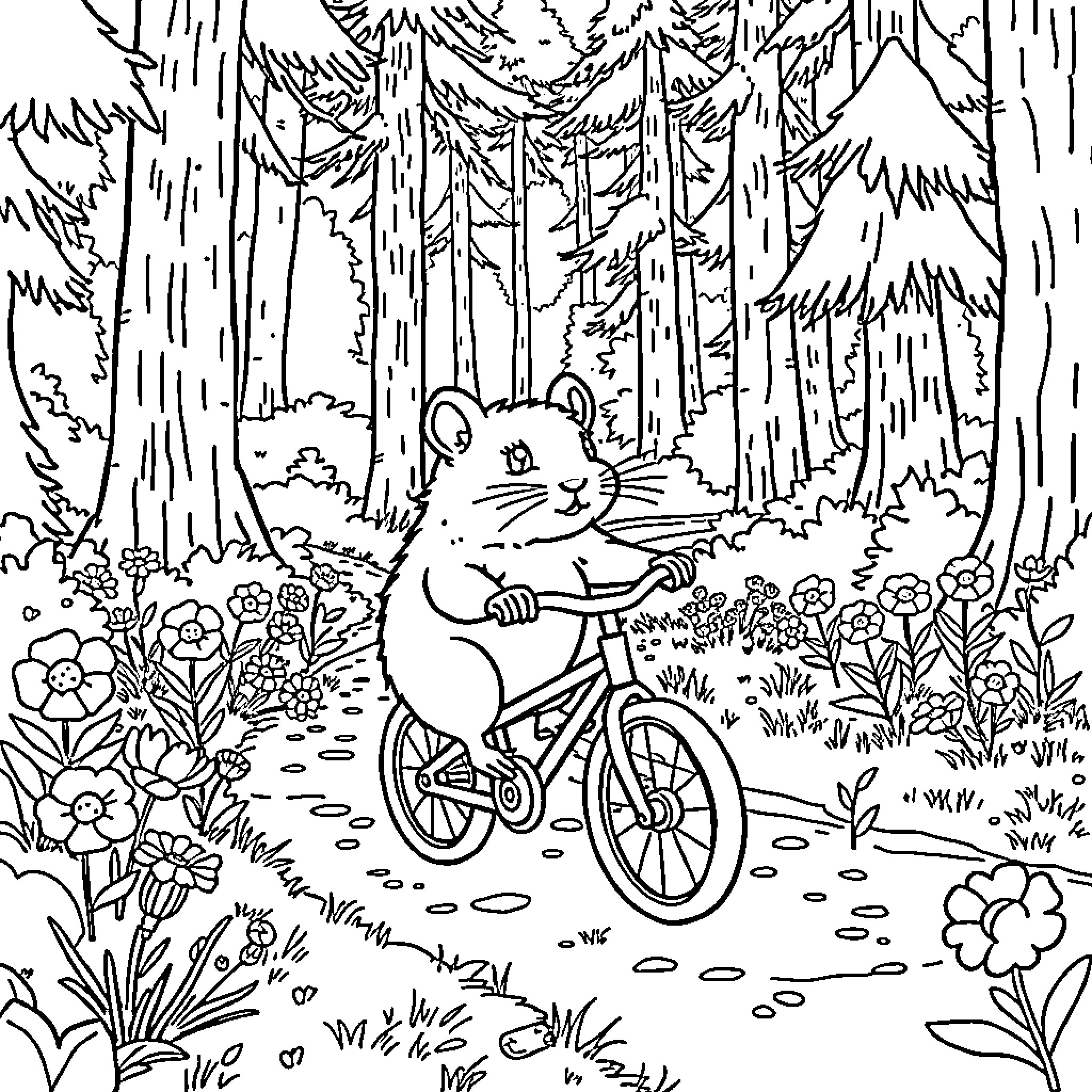 Hamster riding bicycle through forest Coloring Page (free black-and-white line drawing printable PDF for all, from beginners to advanced learners, including children, teens, adults, and seniors)