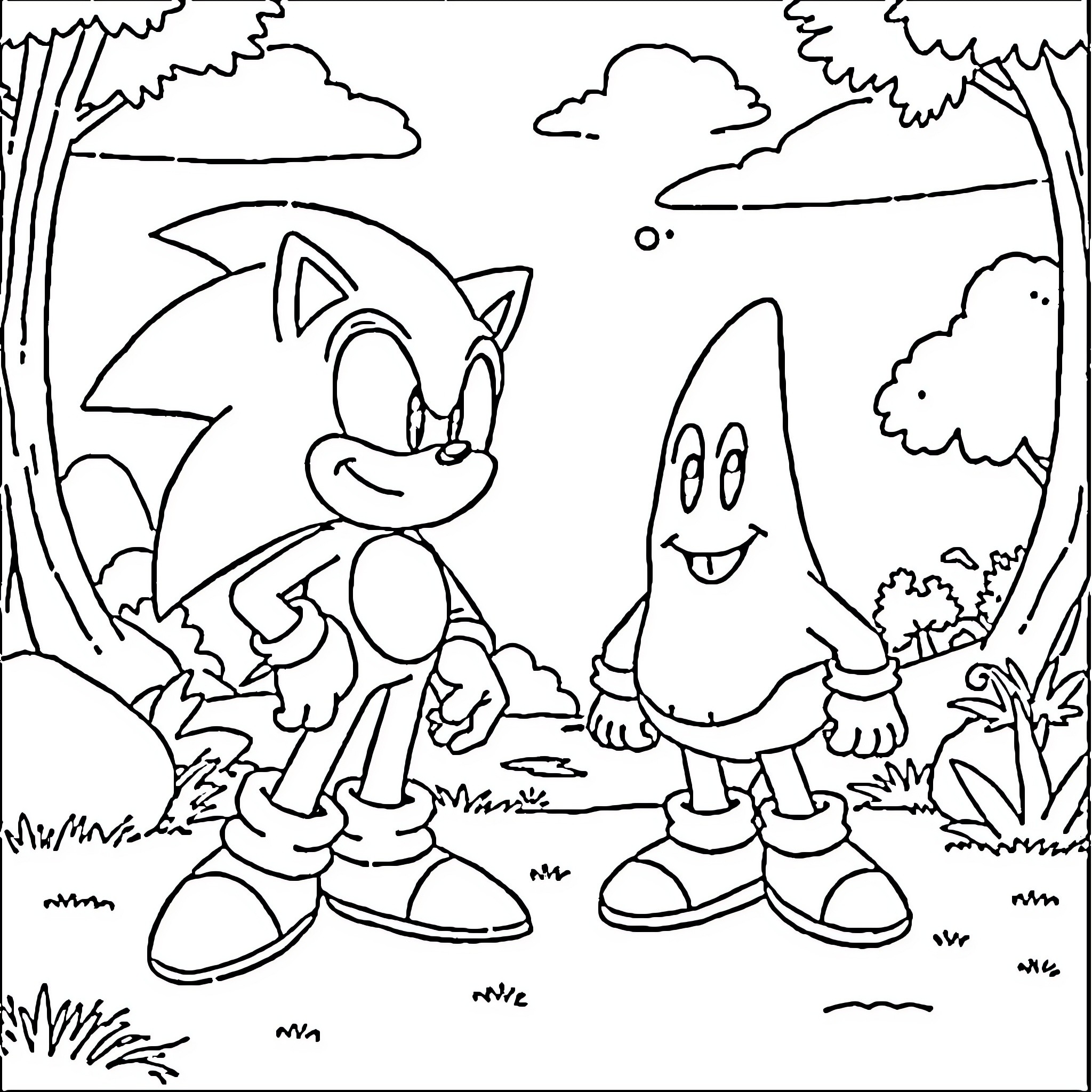 Sonic and friend exploring the outdoors Coloring Page (free black-and-white line drawing printable PDF for all, from beginners to advanced learners, including children, teens, adults, and seniors)