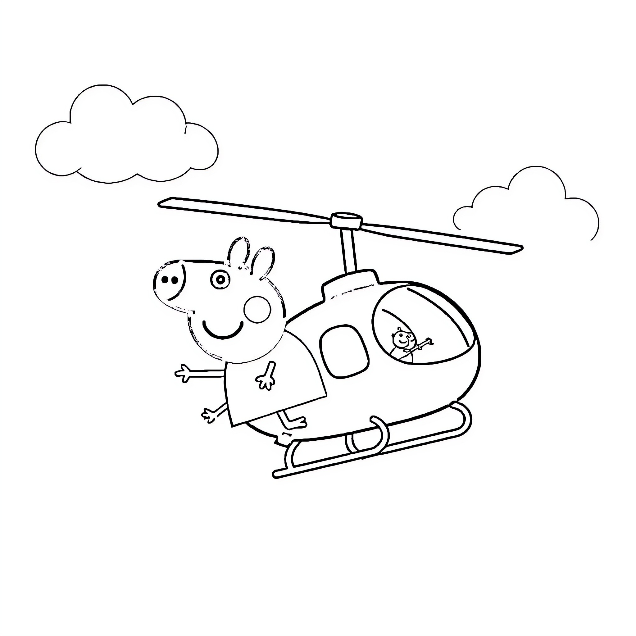 Peppa Pig flying in a helicopter Coloring Page (free black-and-white line drawing printable PDF for all, from beginners to advanced learners, including children, teens, adults, and seniors)