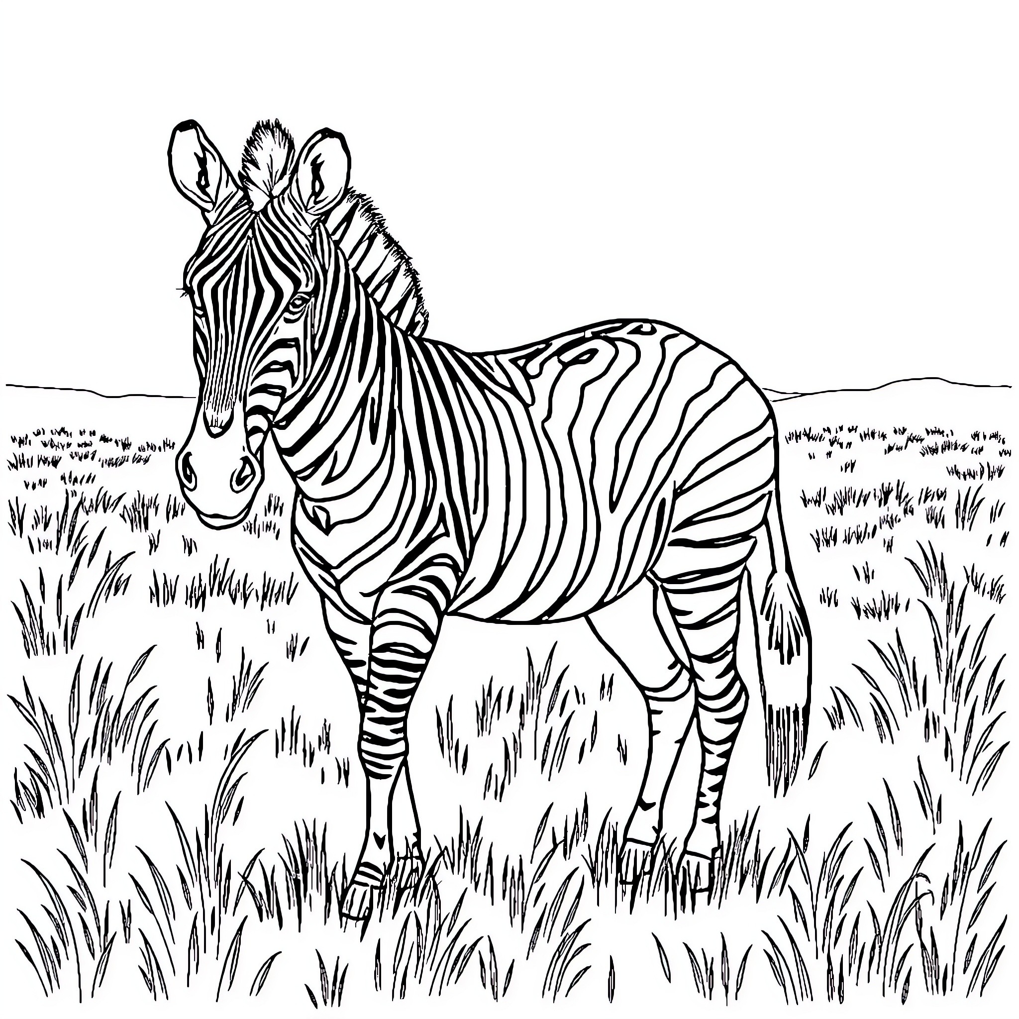 Zebra standing calmly in the wild grasslands Coloring Page (free black-and-white line drawing printable PDF for all, from beginners to advanced learners, including children, teens, adults, and seniors)