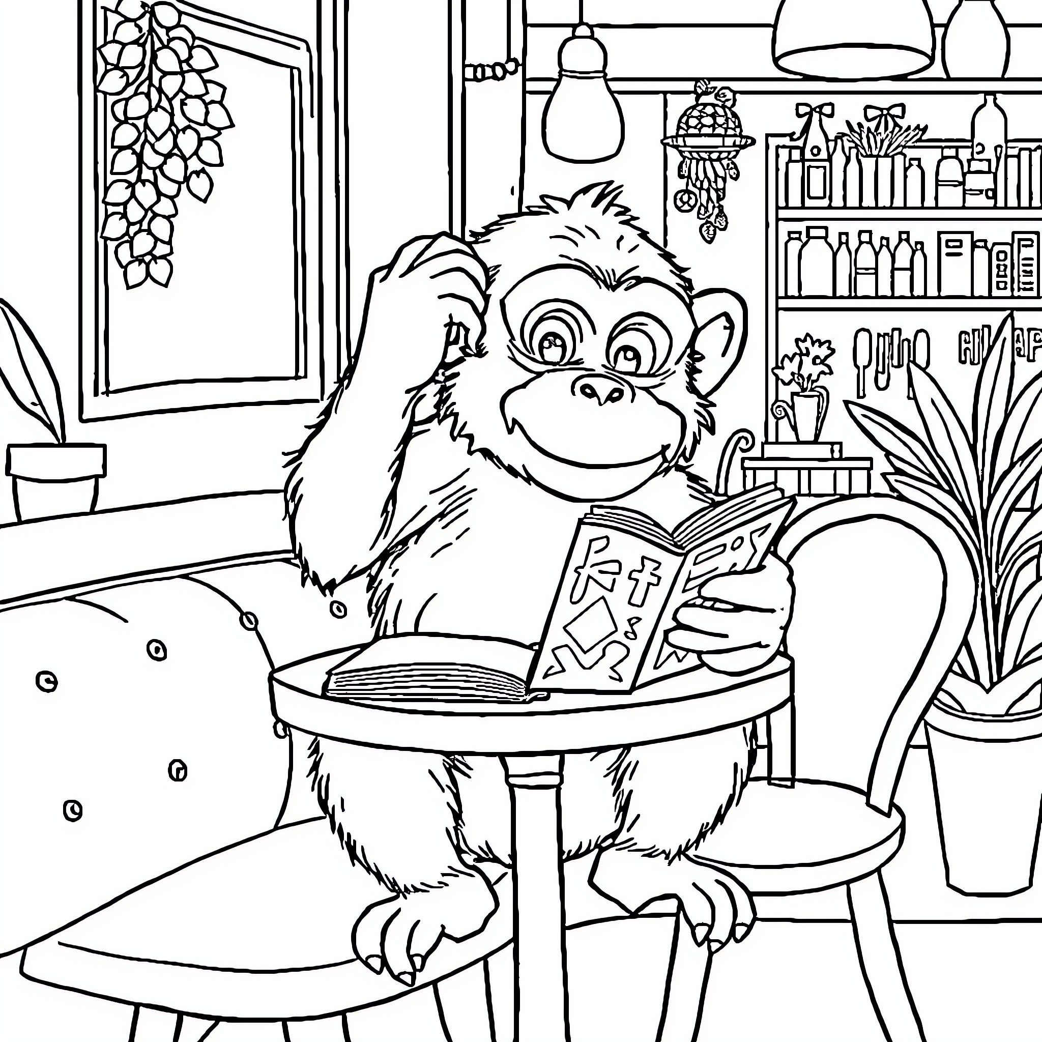 Monkey reading a book in a cozy study Coloring Page (free black-and-white line drawing printable PDF for all, from beginners to advanced learners, including children, teens, adults, and seniors)