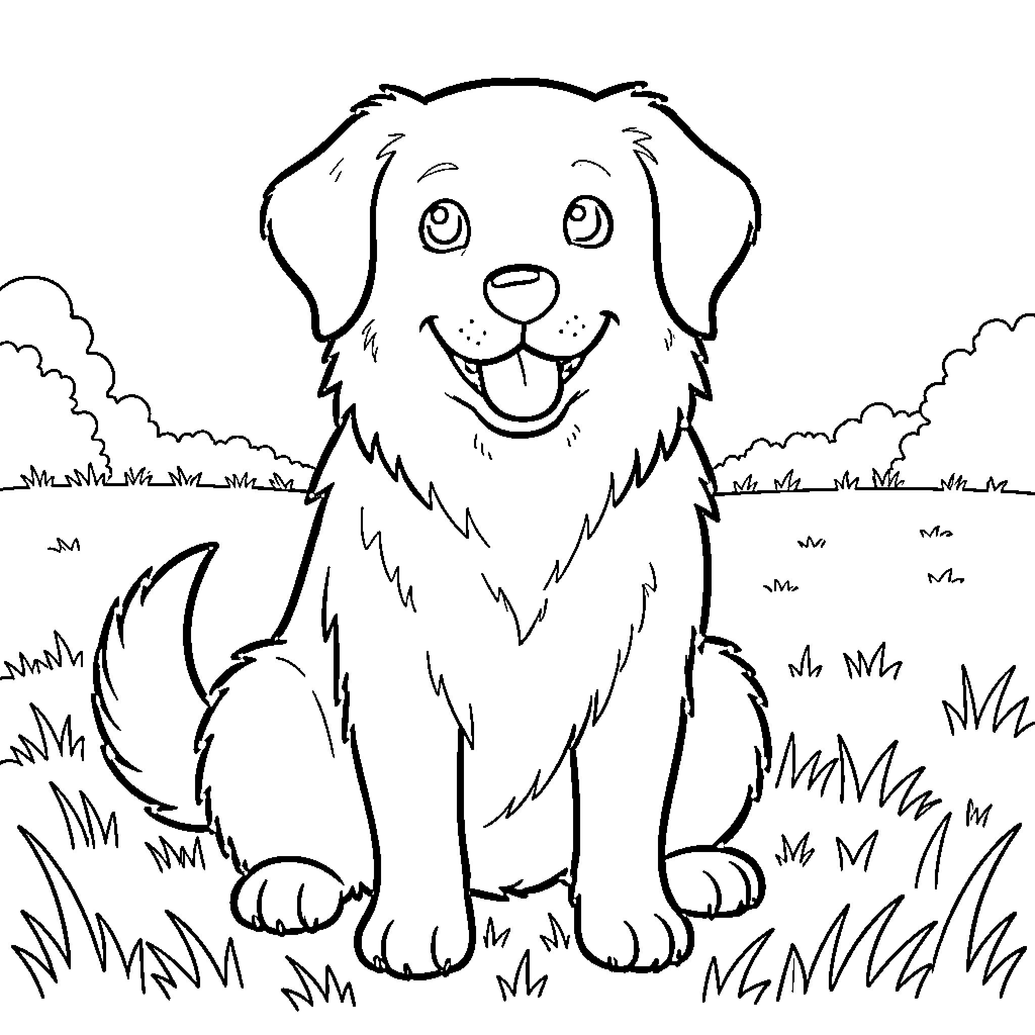 Dog sitting happily in a grassy field Coloring Page (free black-and-white line drawing printable PDF for all, from beginners to advanced learners, including children, teens, adults, and seniors)
