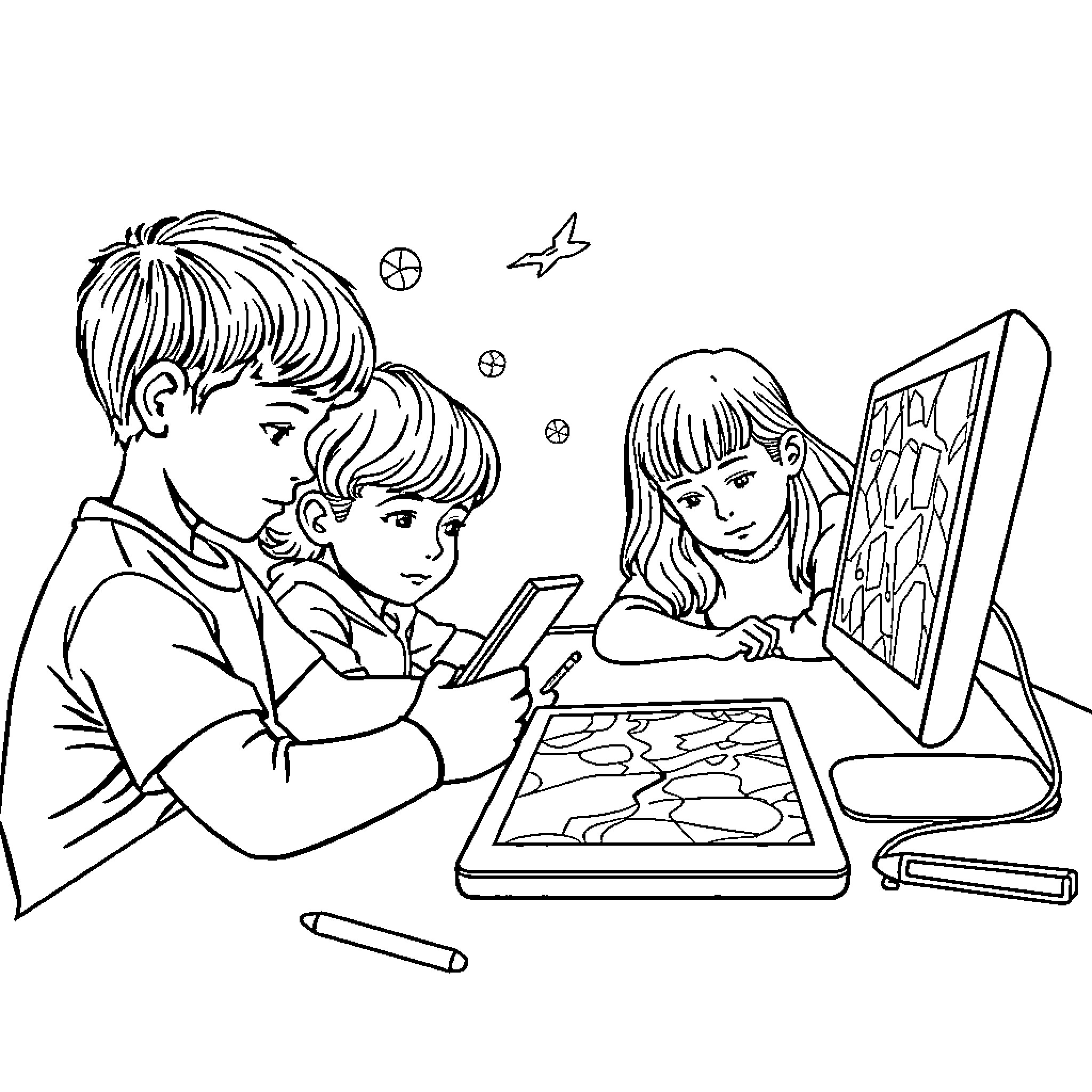 Students Engaged in Creative Activities Coloring Page (free black-and-white line drawing printable PDF for all, from beginners to advanced learners, including children, teens, adults, and seniors)