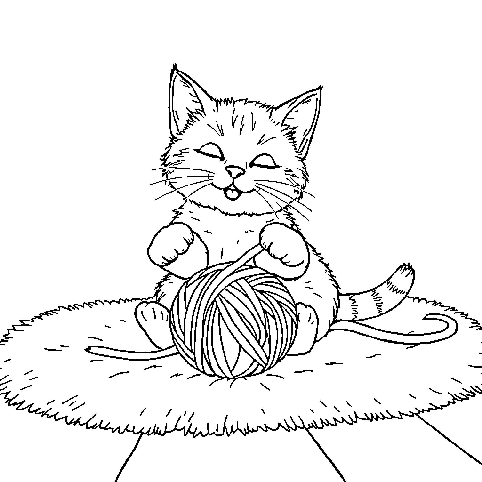 Cat playing with yarn on the ground Coloring Page (free black-and-white line drawing printable PDF for all, from beginners to advanced learners, including children, teens, adults, and seniors)