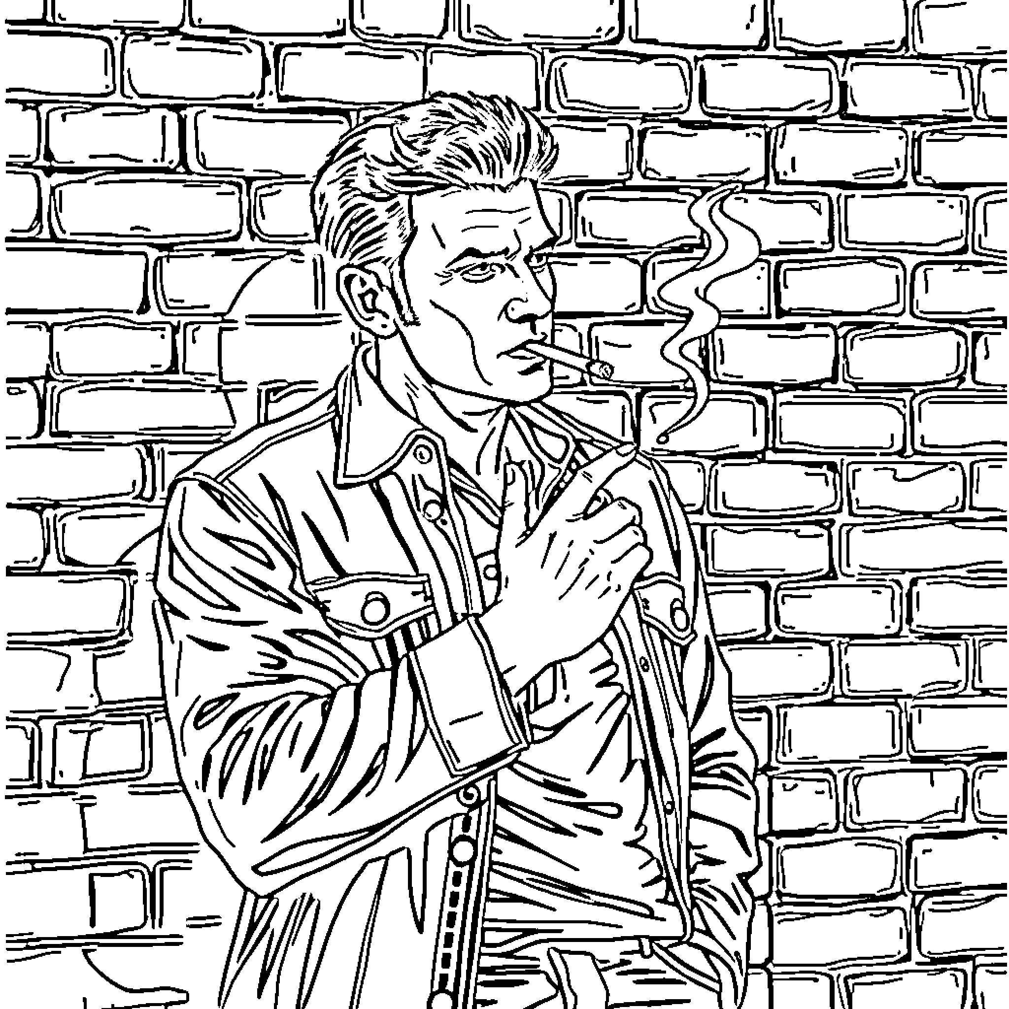 Joey Shealy brooding contemplatively against a brick wall Coloring Page (free black-and-white line drawing printable PDF for all, from beginners to advanced learners, including children, teens, adults, and seniors)