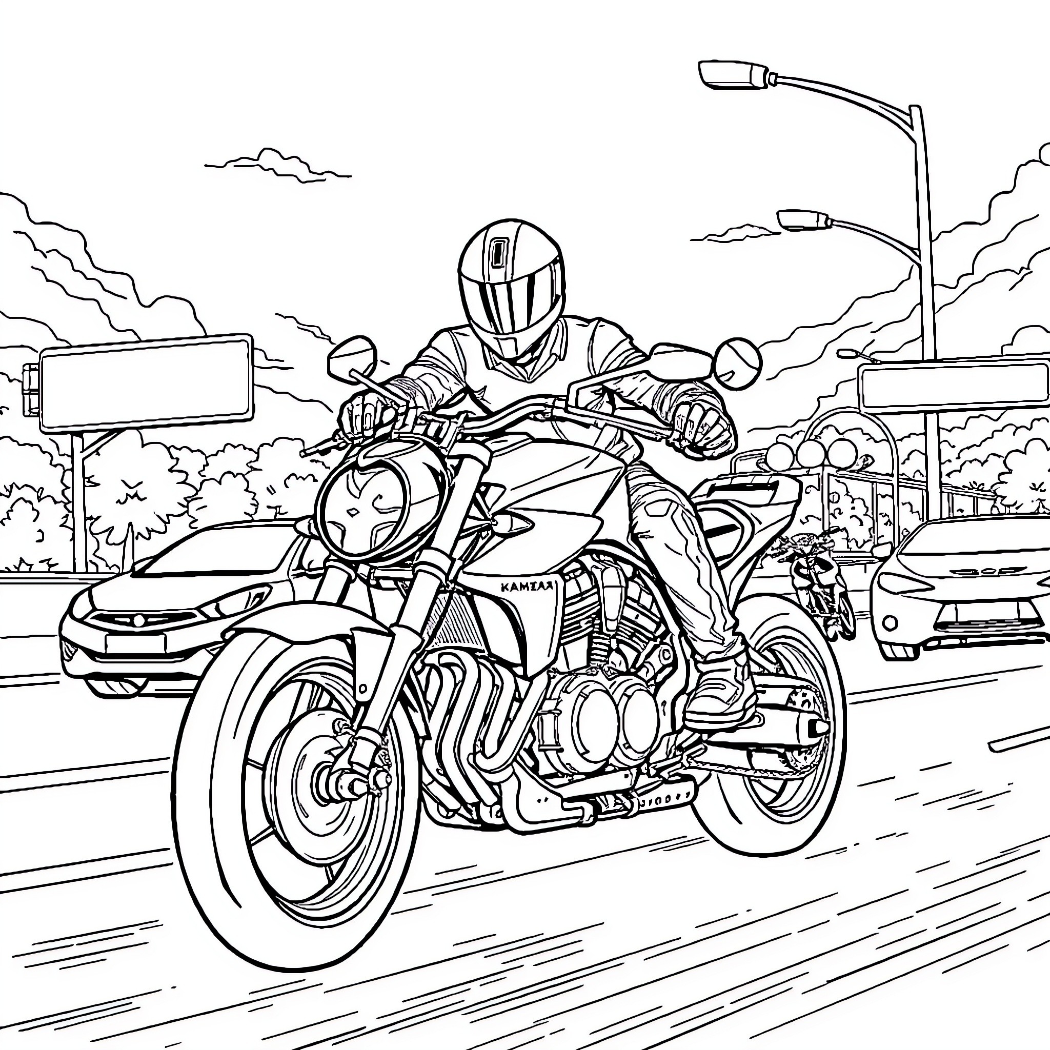 Kamata Angelus rides motorcycle through city streets Coloring Page (free black-and-white line drawing printable PDF for all, from beginners to advanced learners, including children, teens, adults, and seniors)