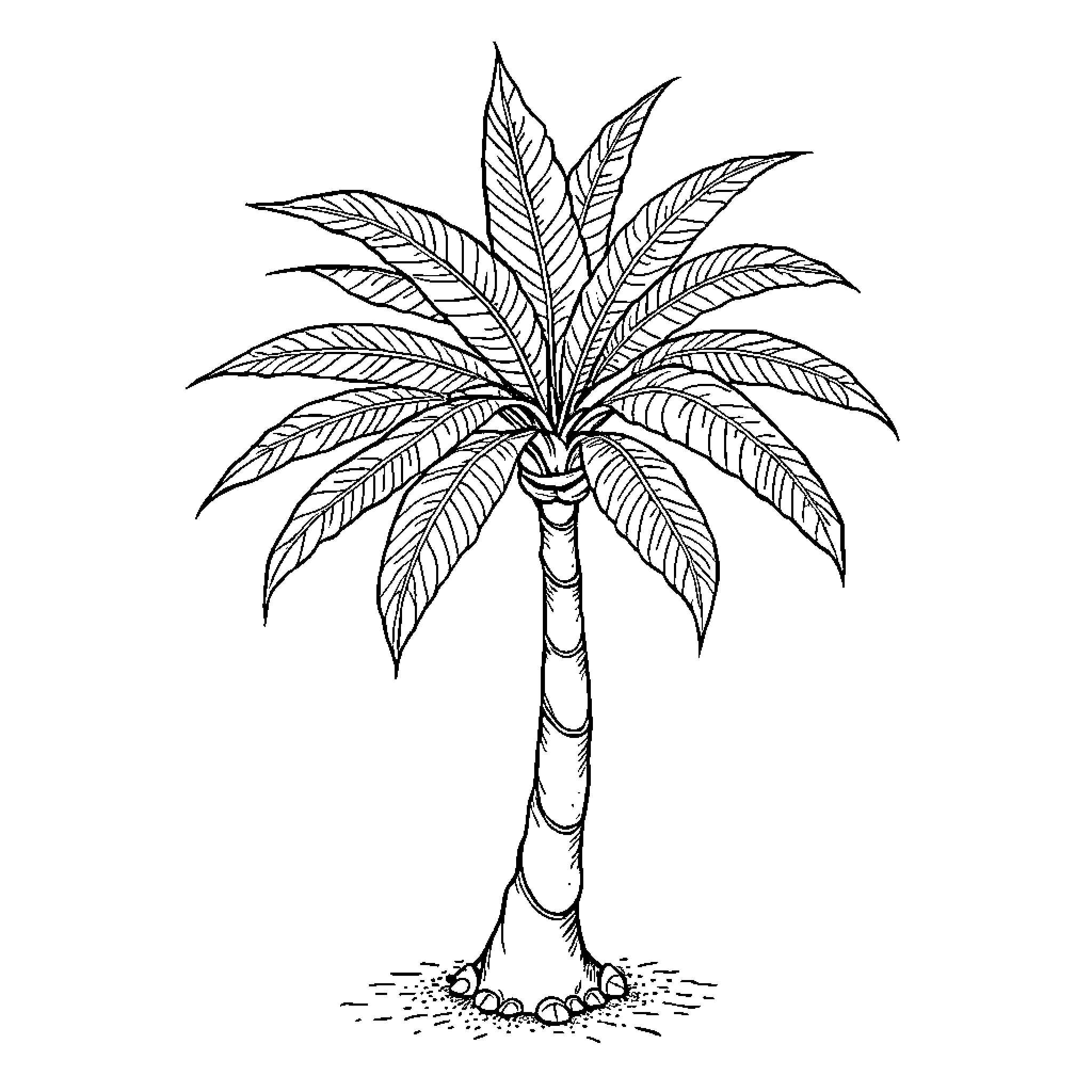 Palmera - Elegant Palm Tree Illustration Coloring Page (free black-and-white line drawing printable PDF for all, from beginners to advanced learners, including children, teens, adults, and seniors)