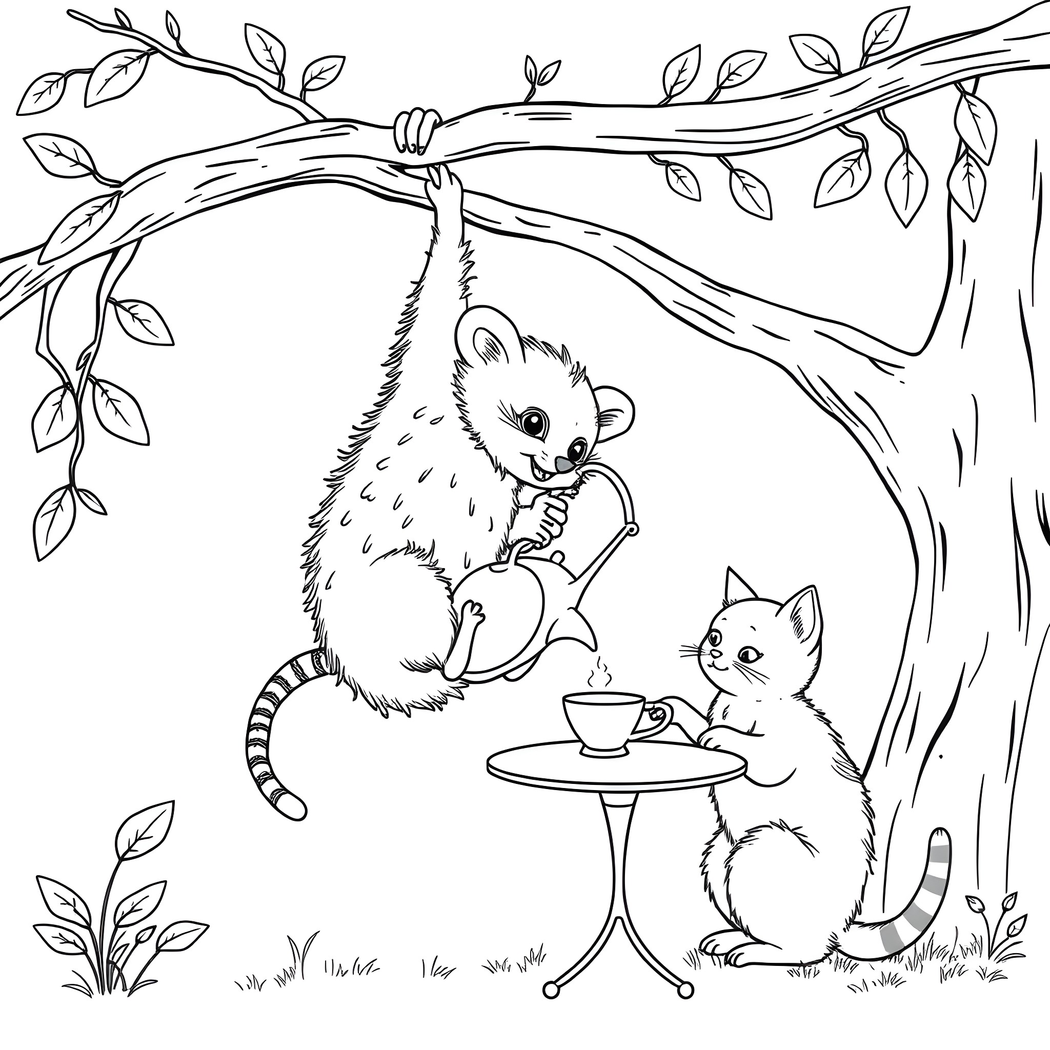 Possum enjoying tea with a cat companion Coloring Page (free black-and-white line drawing printable PDF for all, from beginners to advanced learners, including children, teens, adults, and seniors)