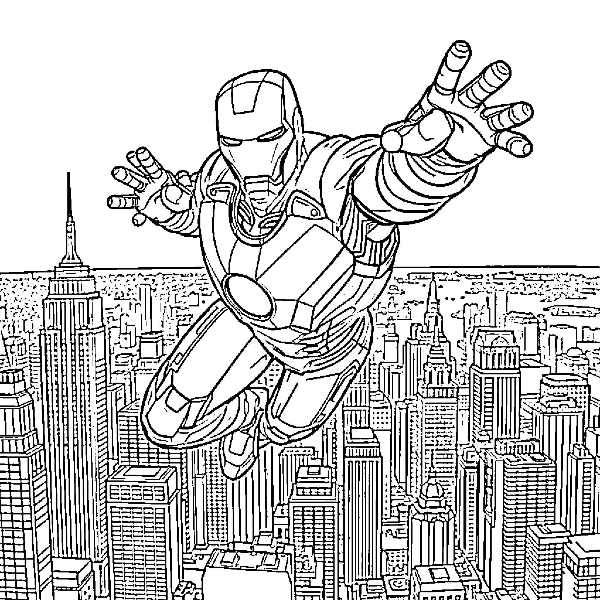 Iron Man soaring over the city skyline Coloring Page (free black-and-white line drawing printable PDF for all, from beginners to advanced learners, including children, teens, adults, and seniors)