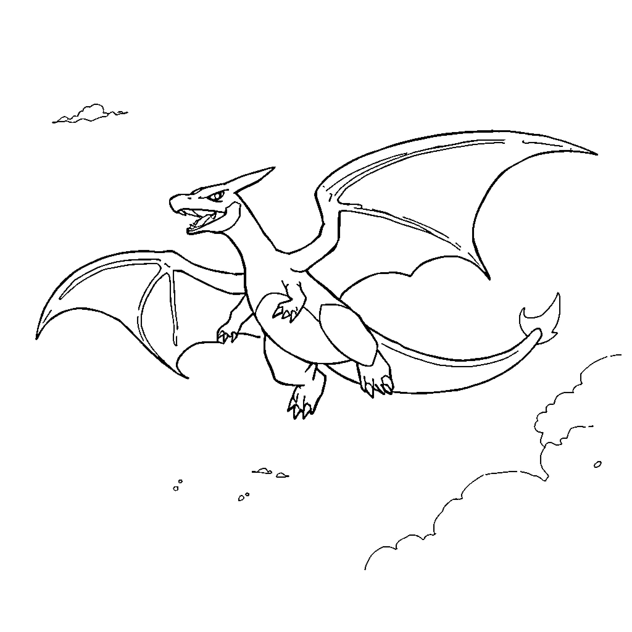 Charizard soaring through the skies Coloring Page (free black-and-white line drawing printable PDF for all, from beginners to advanced learners, including children, teens, adults, and seniors)