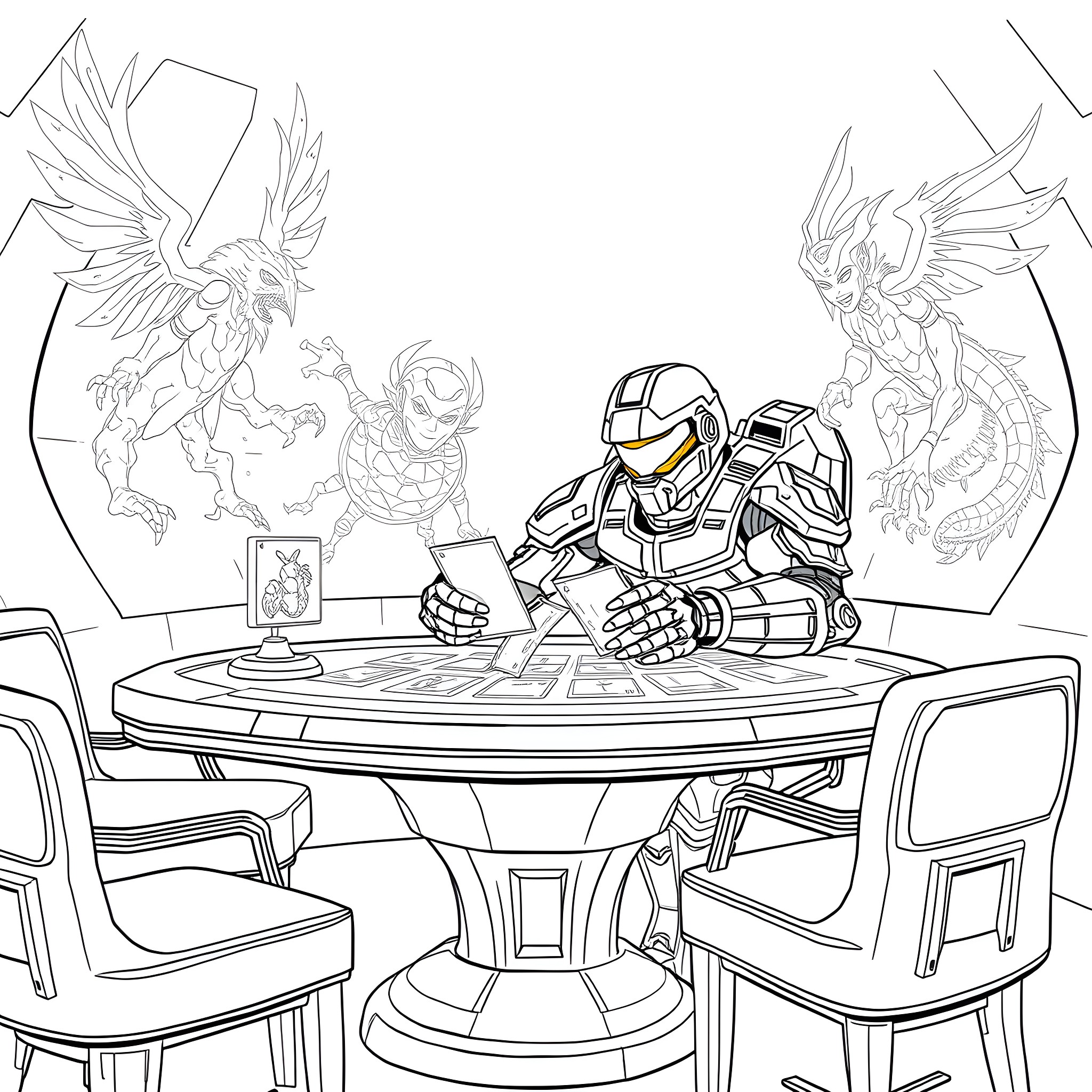 Master Chief playing strategy game with mythical creatures Coloring Page (free black-and-white line drawing printable PDF for all, from beginners to advanced learners, including children, teens, adults, and seniors)