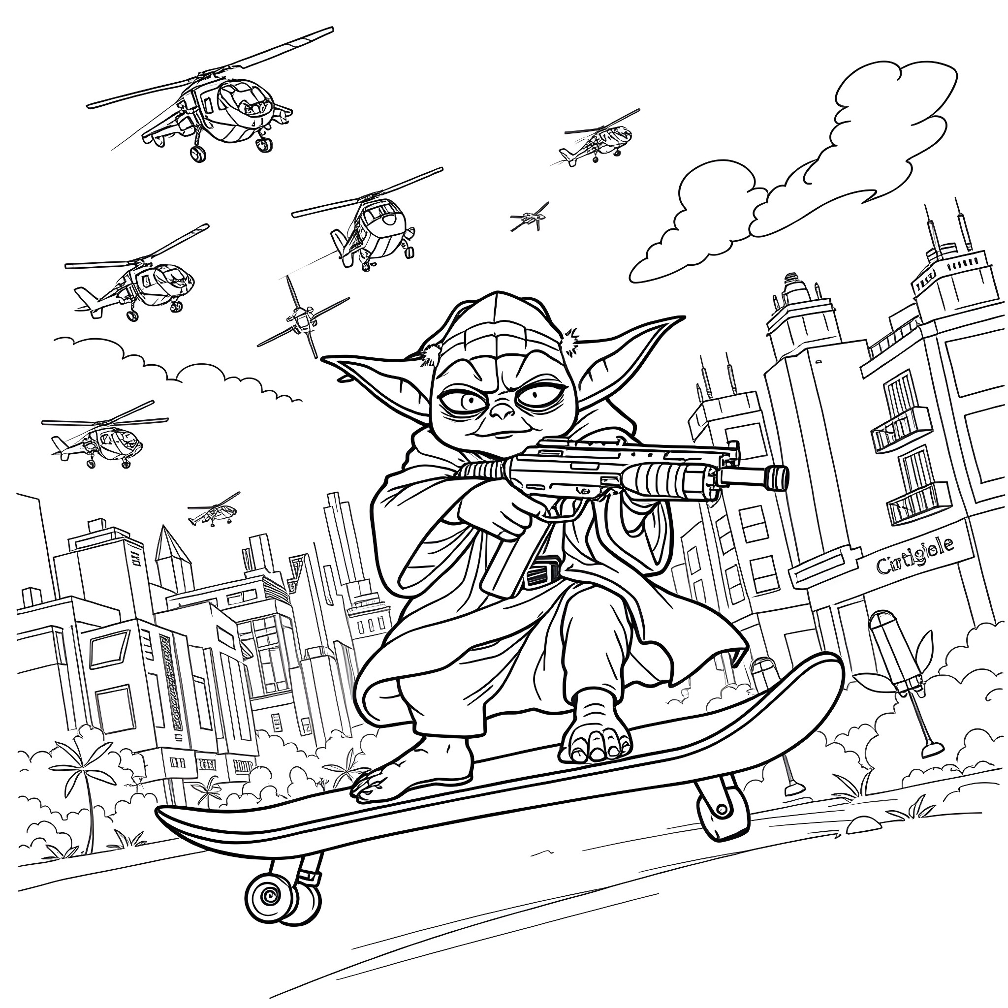 Yoda's Futuristic City Adventure Coloring Page (free black-and-white line drawing printable PDF for all, from beginners to advanced learners, including children, teens, adults, and seniors)