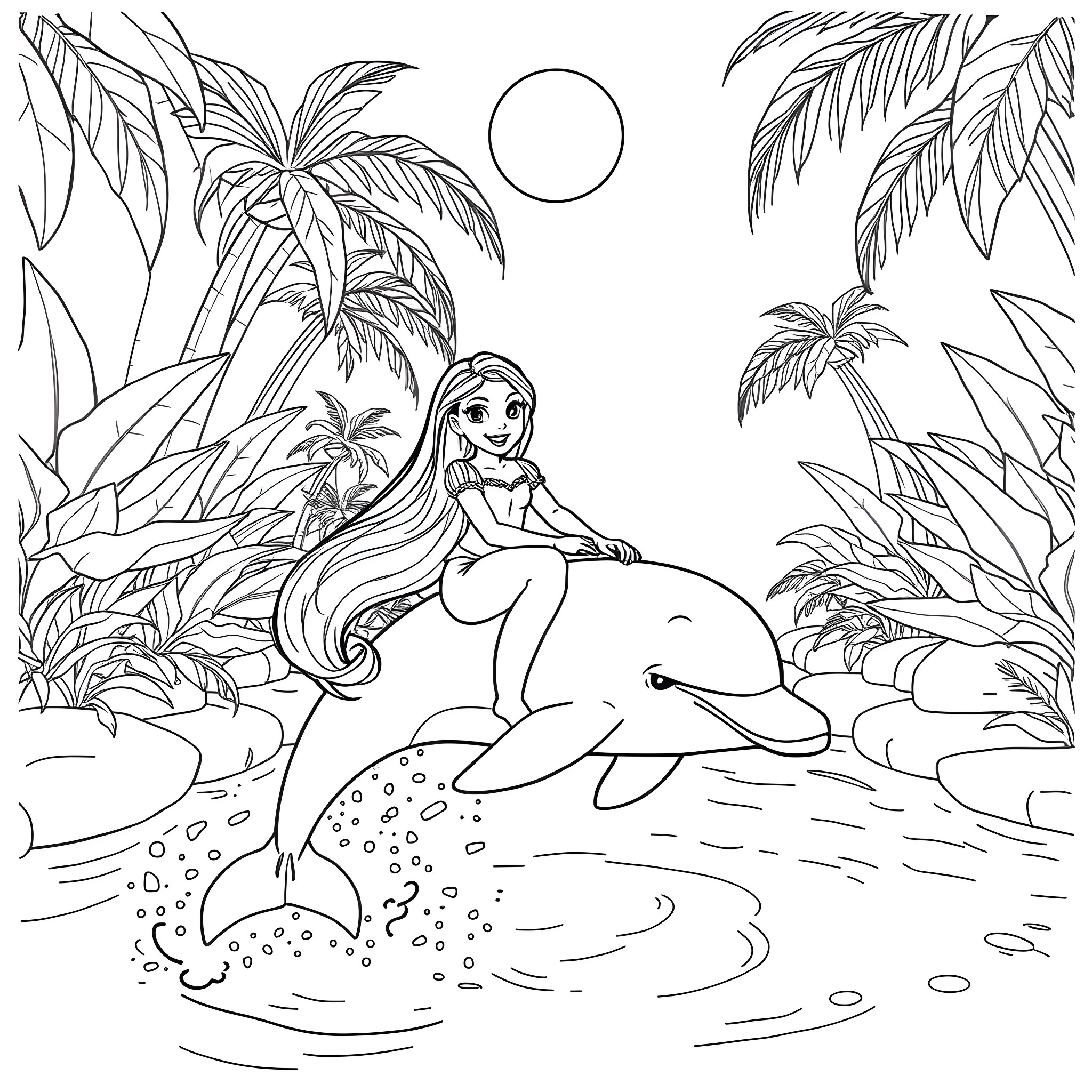 Rapunzel's Tropical Adventure with Dolphin Coloring Page (free black-and-white line drawing printable PDF for all, from beginners to advanced learners, including children, teens, adults, and seniors)