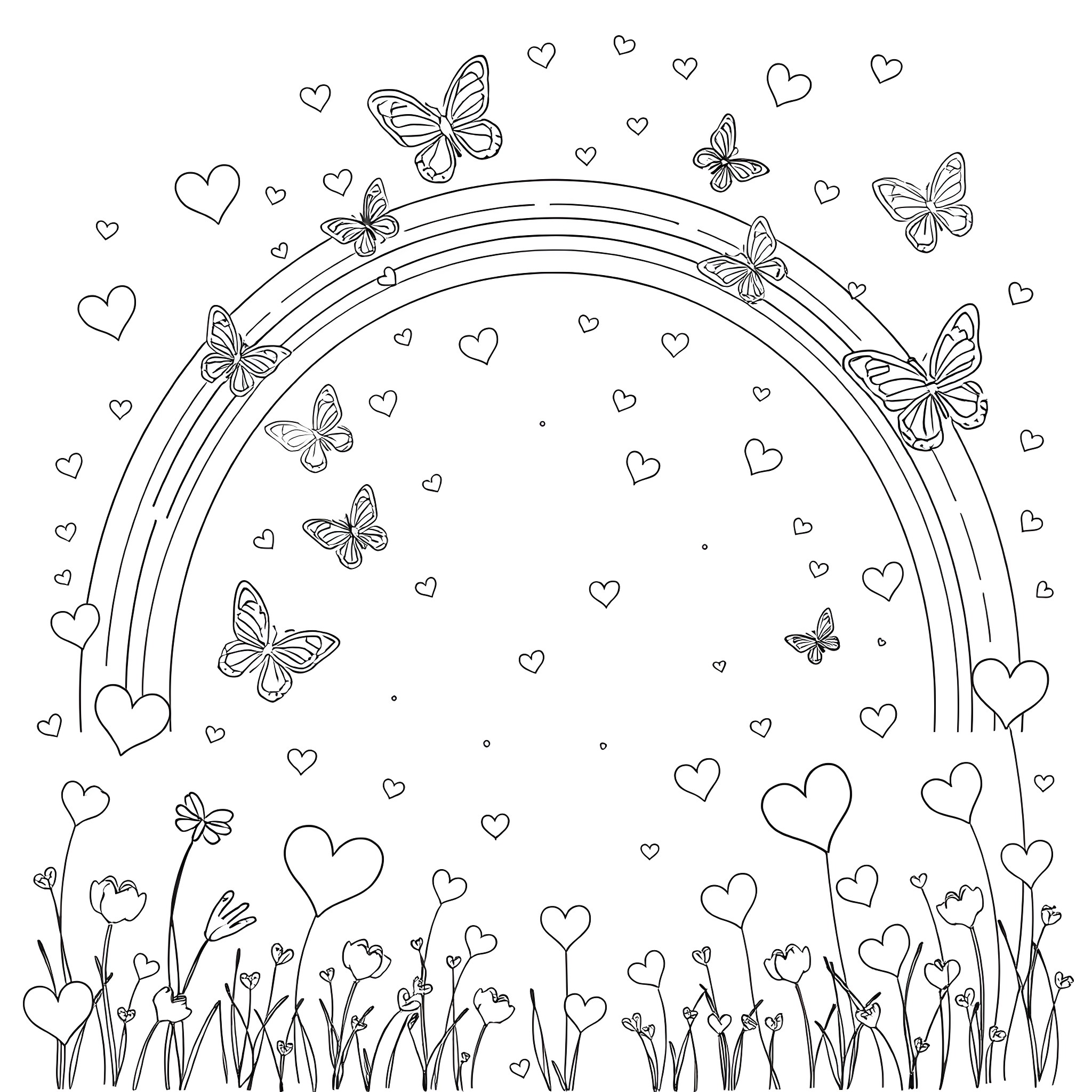 Butterfly Wonderland: A Whimsical Meadow Scene Coloring Page (free black-and-white line drawing printable PDF for all, from beginners to advanced learners, including children, teens, adults, and seniors)