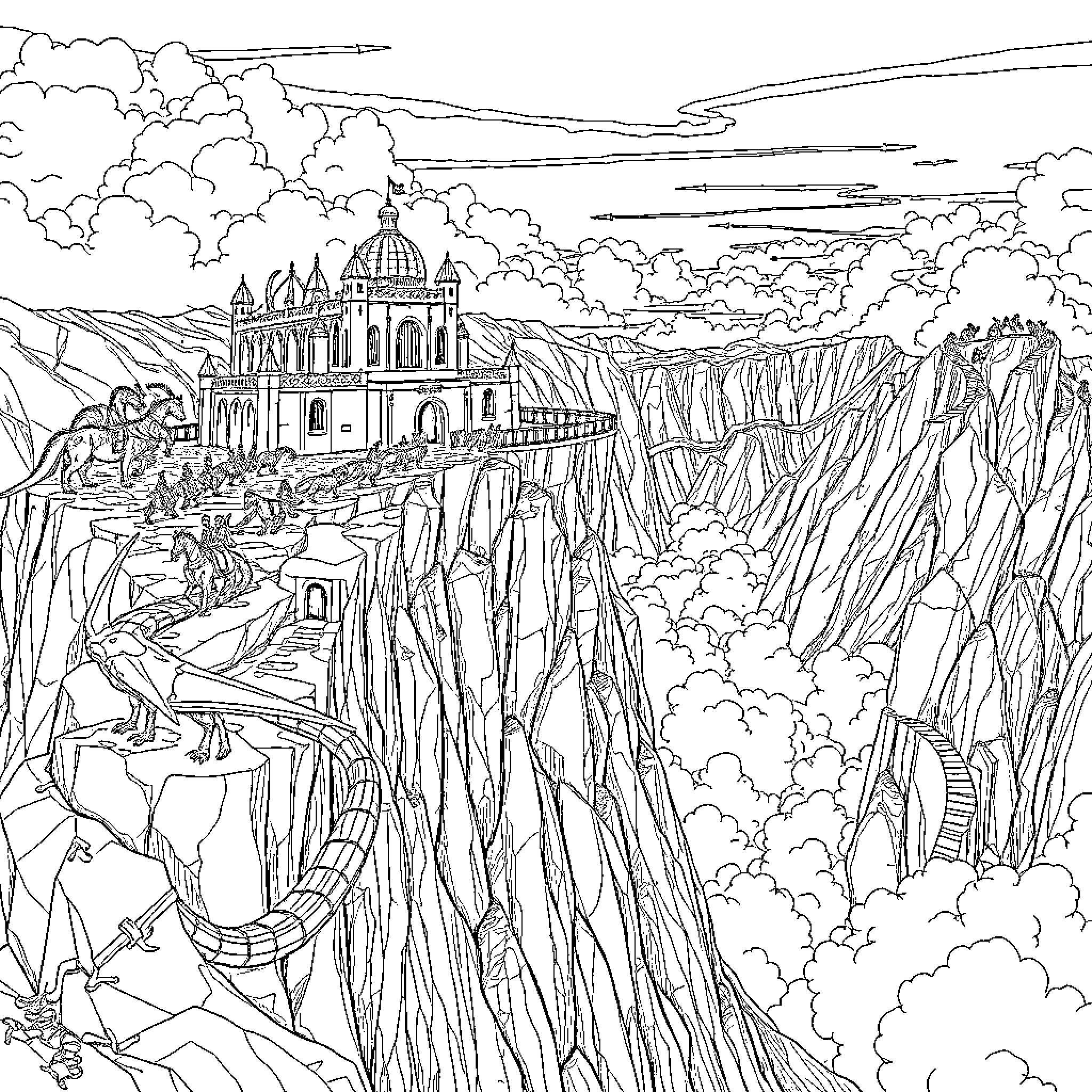 Dragon perched atop fantastical cliff-side palace Coloring Page (free black-and-white line drawing printable PDF for all, from beginners to advanced learners, including children, teens, adults, and seniors)