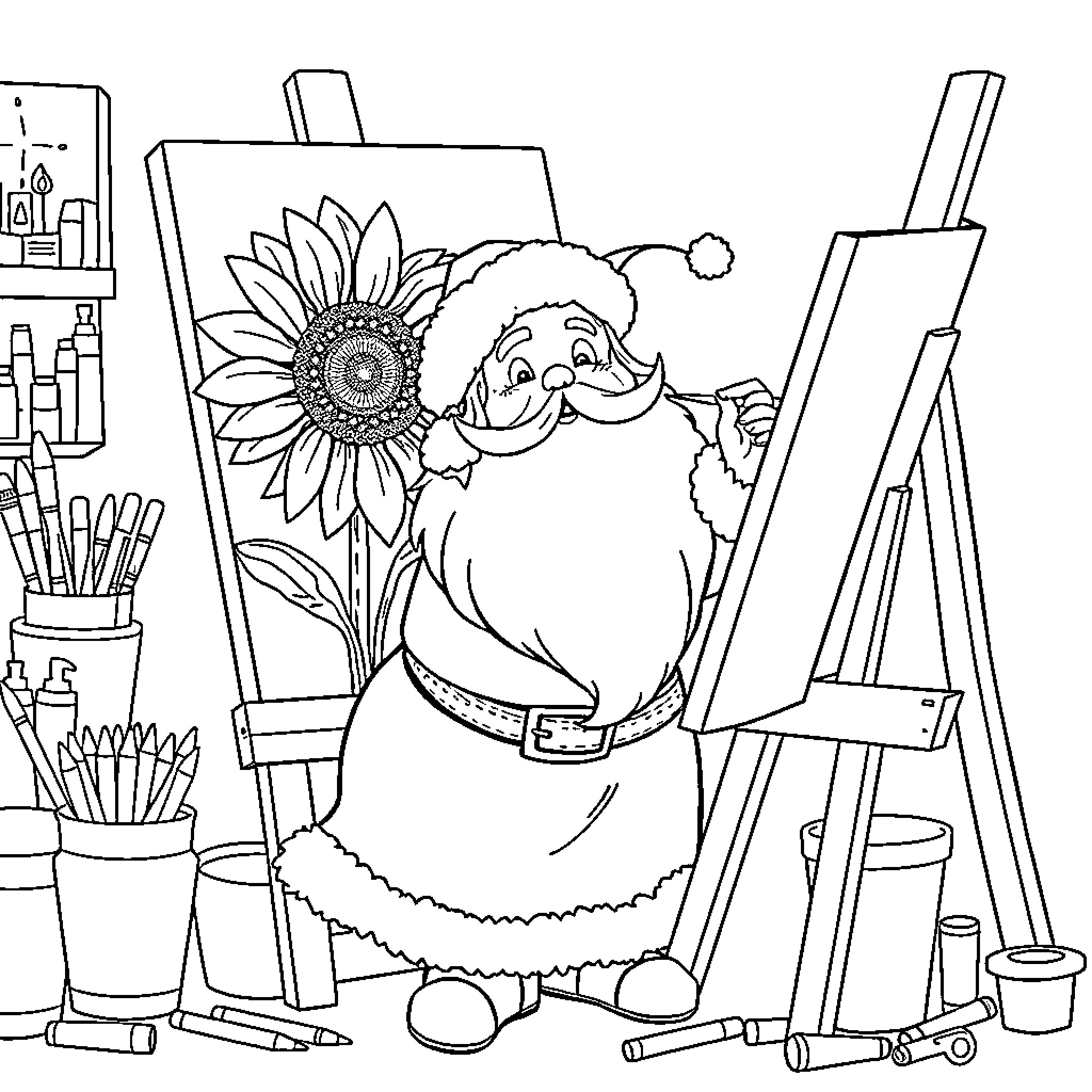 Mrs. Santa Claus painting a sunflower on an easel Coloring Page (free black-and-white line drawing printable PDF for all, from beginners to advanced learners, including children, teens, adults, and seniors)