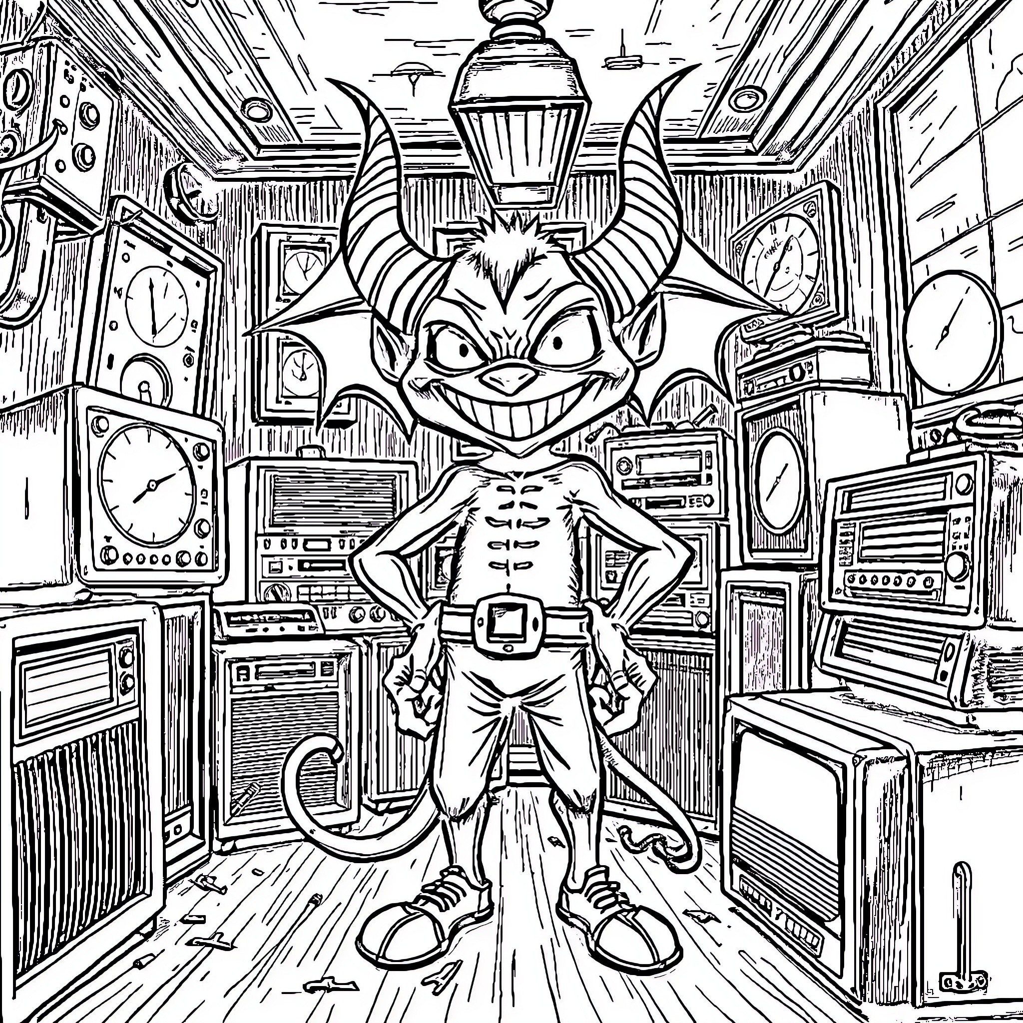 Alastor's Mischievous Antics in a Cluttered Workshop Coloring Page (free black-and-white line drawing printable PDF for all, from beginners to advanced learners, including children, teens, adults, and seniors)
