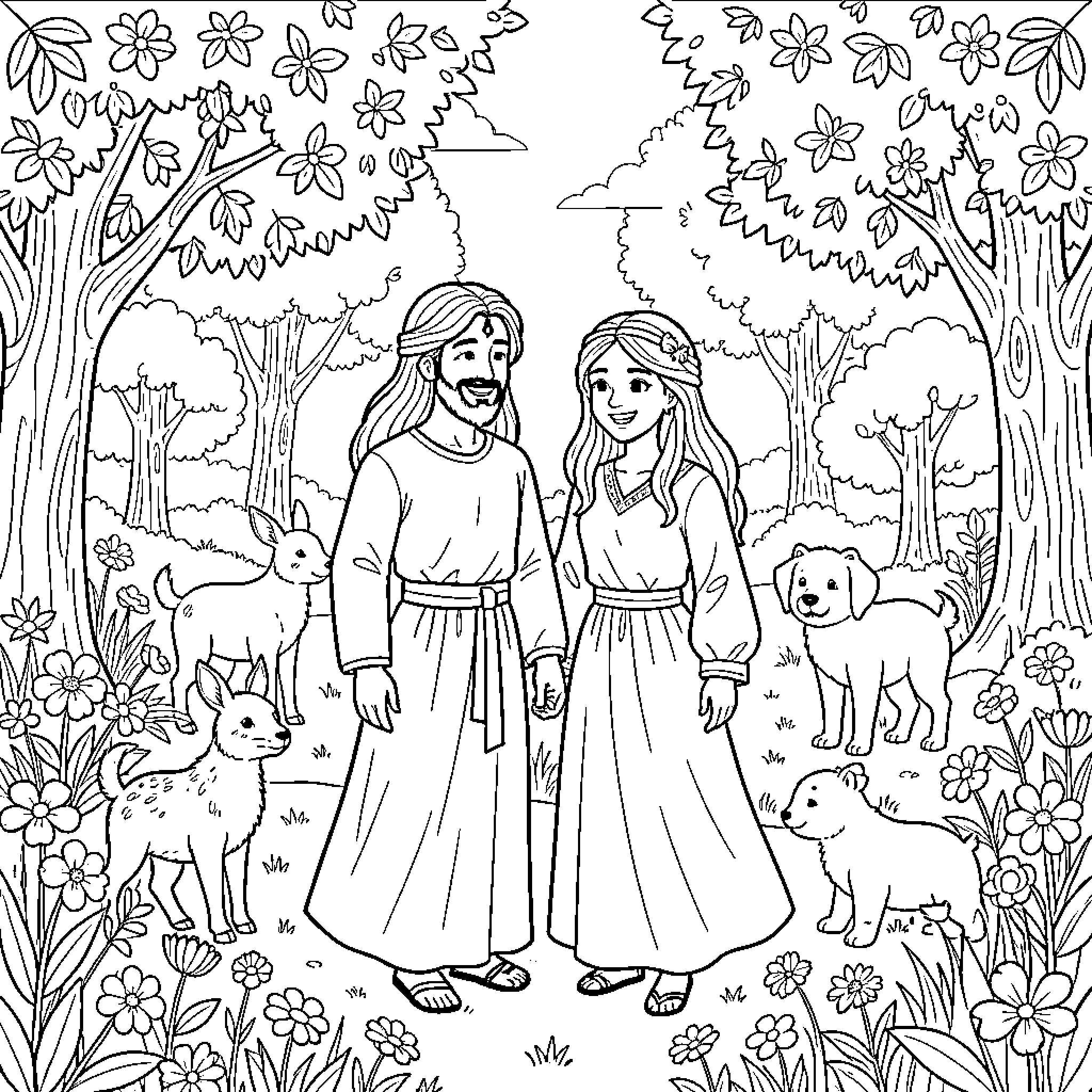 Adán y Eva en el jardín con animales Coloring Page (free black-and-white line drawing printable PDF for all, from beginners to advanced learners, including children, teens, adults, and seniors)